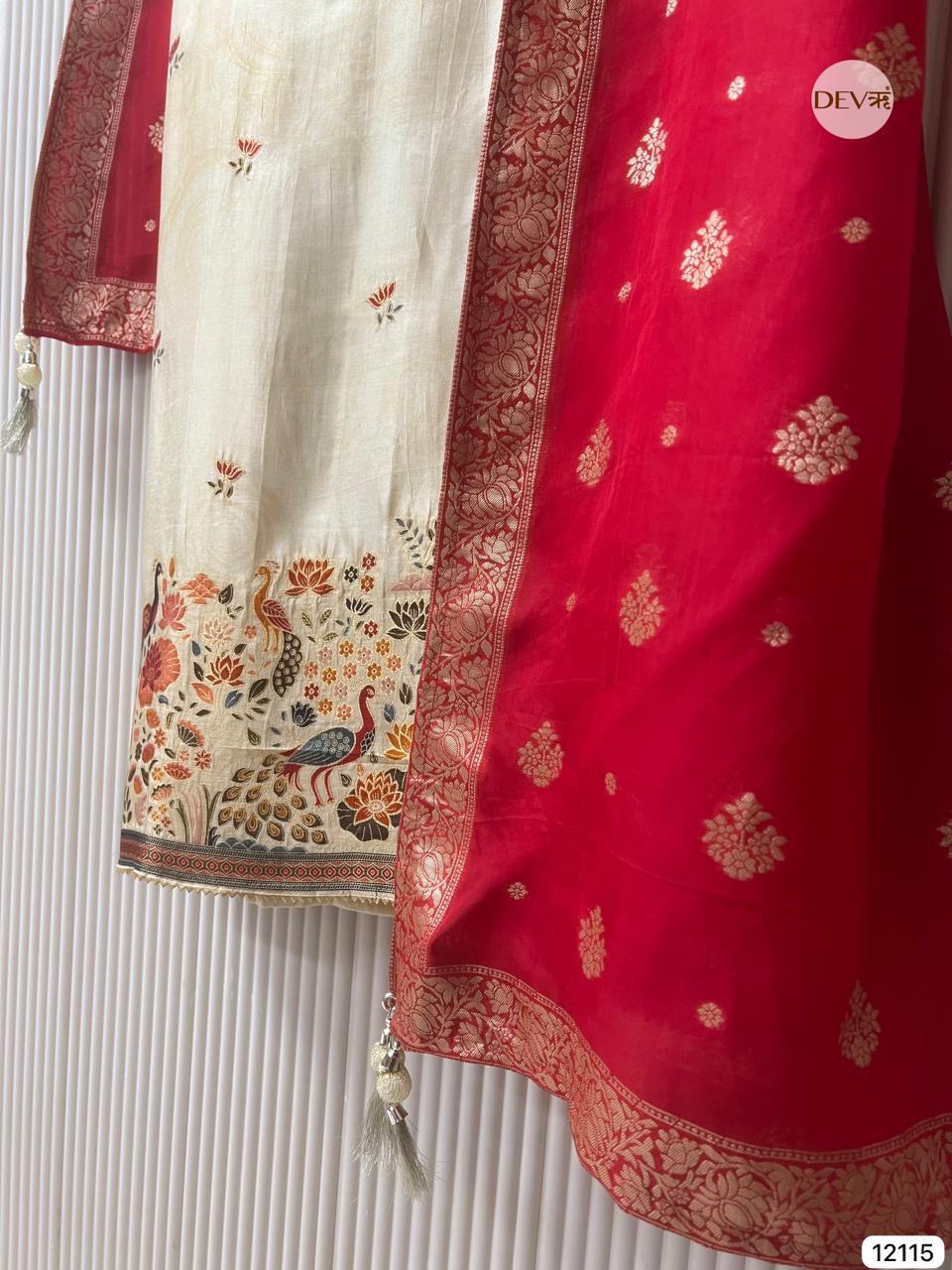 Ivory Russian Silk Embroidered Unstitched 3-Piece Suit (Devri – D.No 12115).
