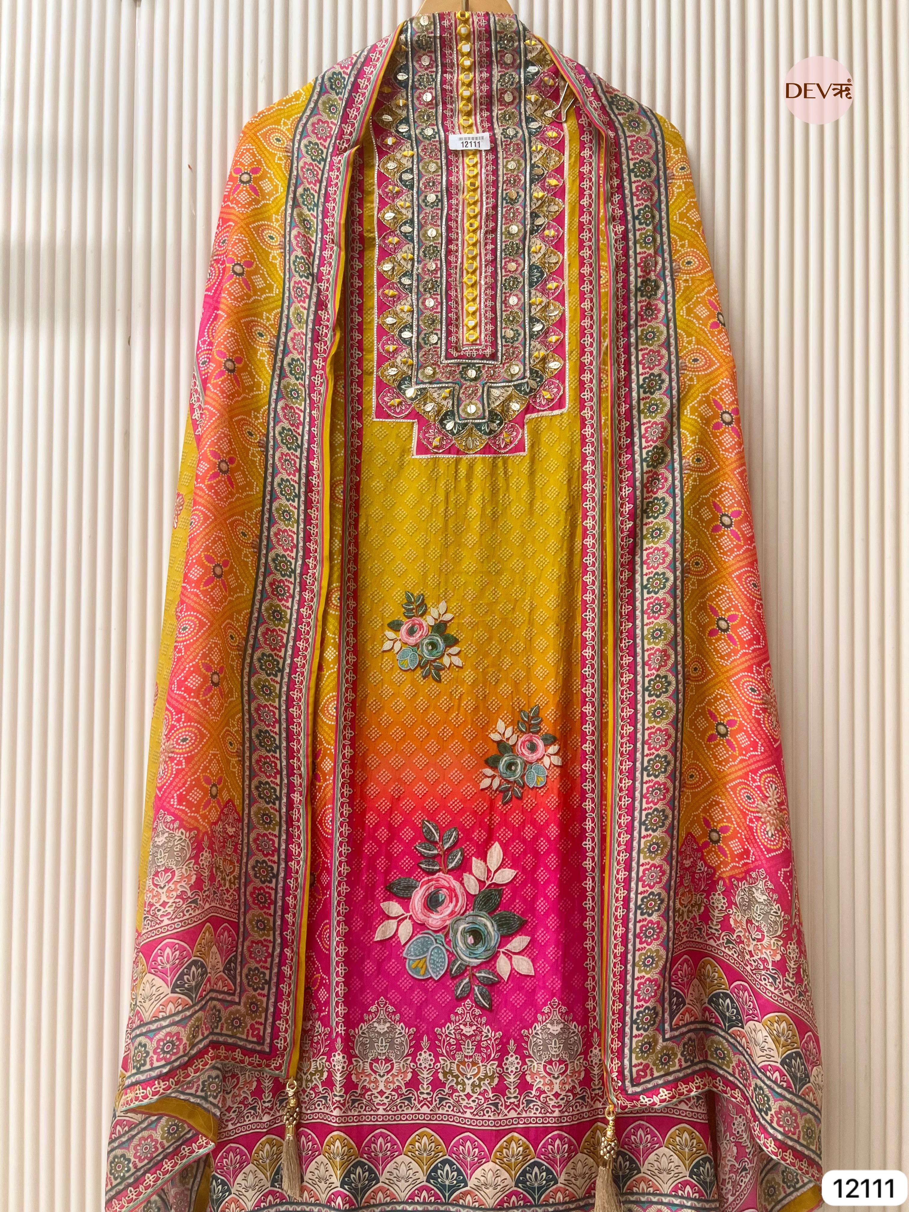 Yellow Pure Organza Silk Unstitched Printed -Set Of 3 - {12111}