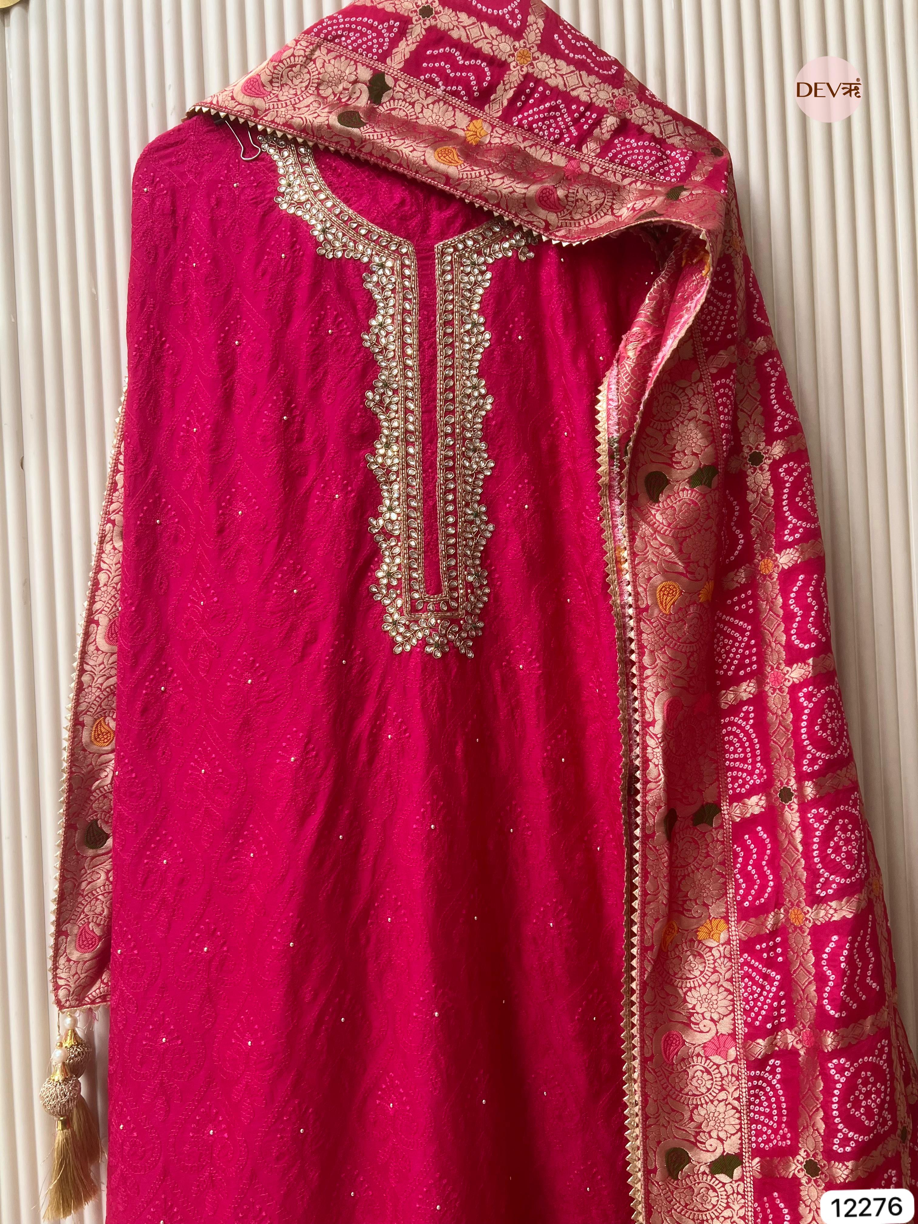 Rani Pink Pure Russian Silk Embroidered Unstitched 3-Piece Suit (Devri – D.No 12276)
