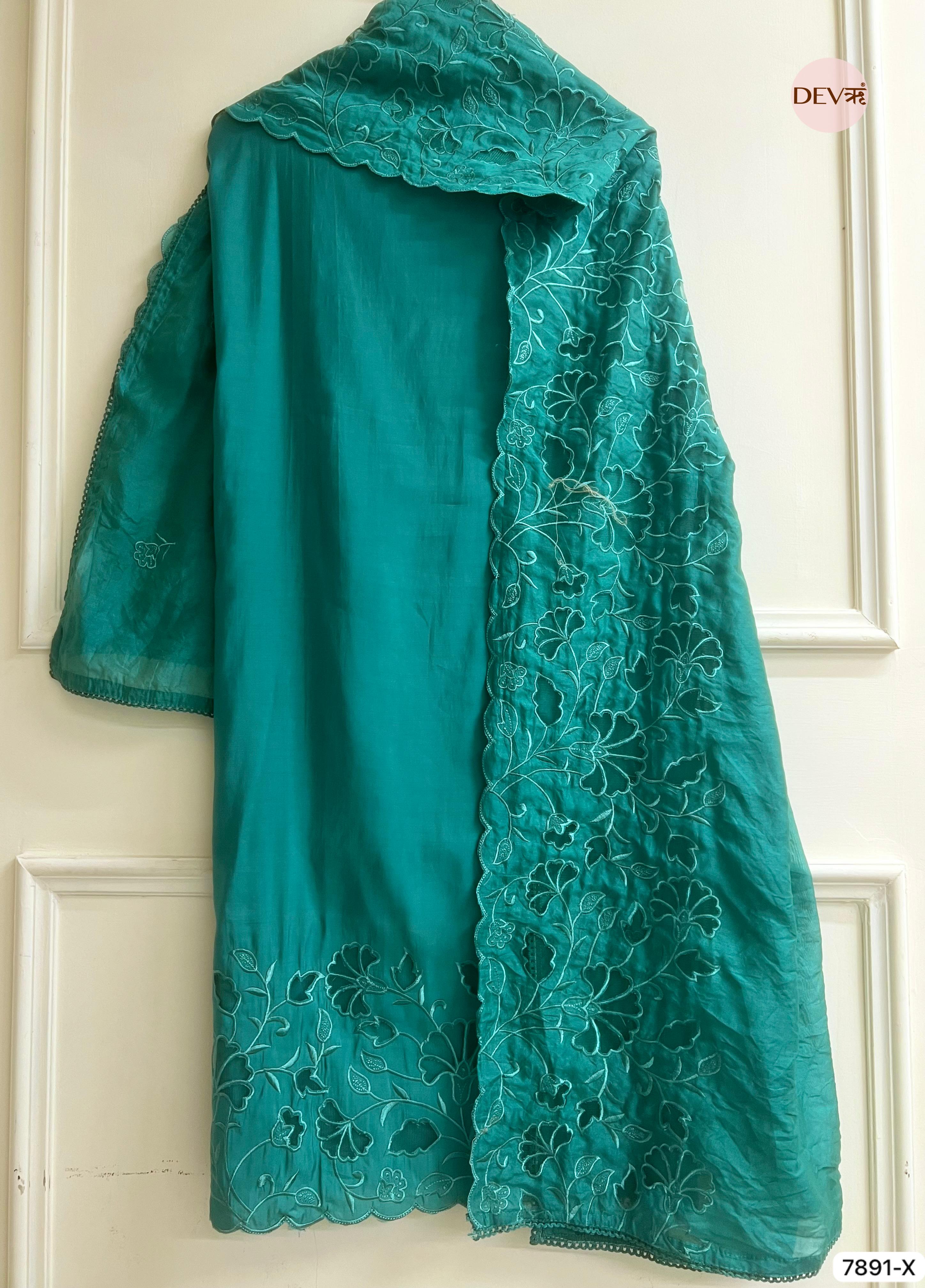 Green Modal silk unstitched Cutwork Embroidered-set of 3- {7891- X}