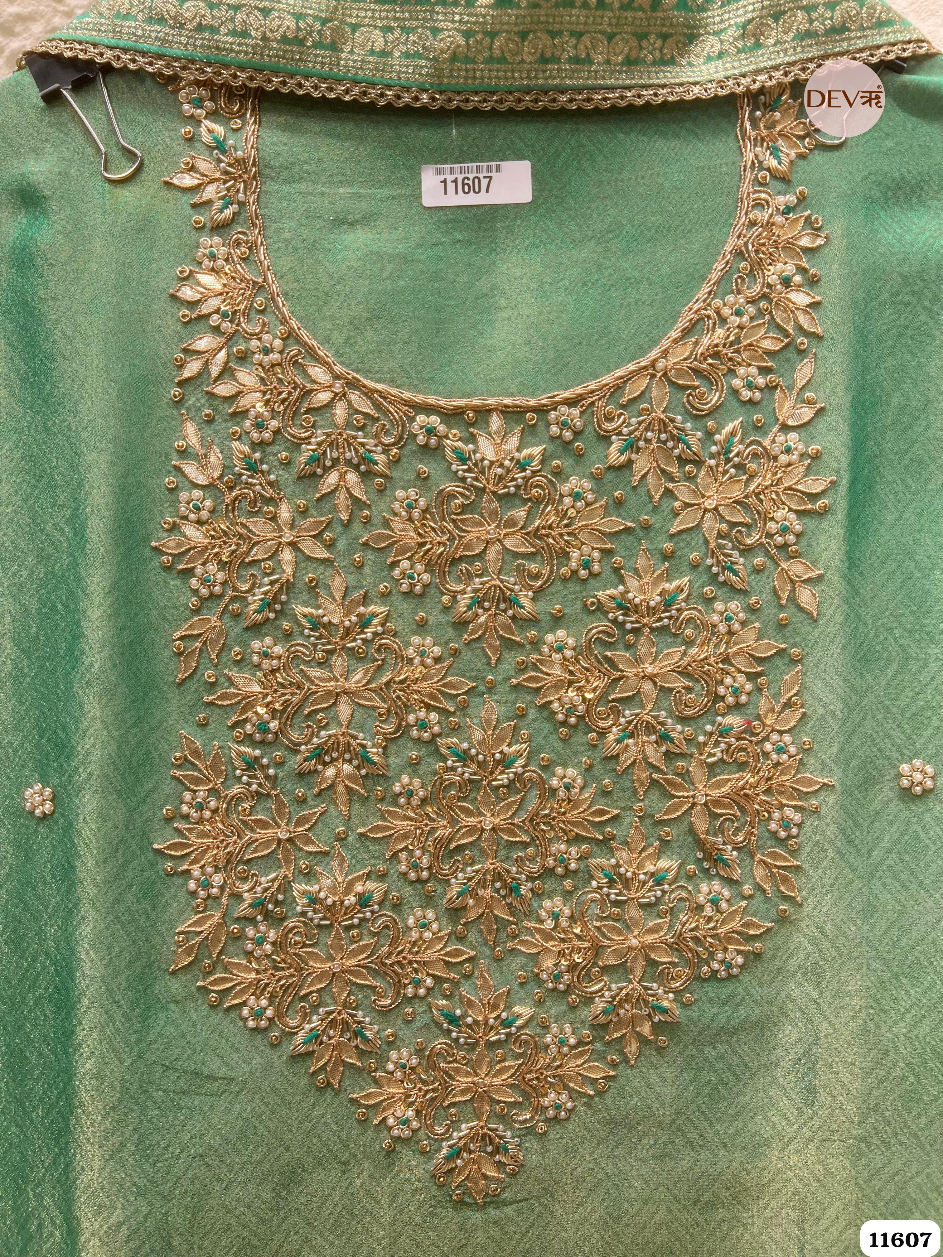 Green Pure Tissue Banarasi Silk Unstitched Hand Embroidered -Set Of 3 {11607}