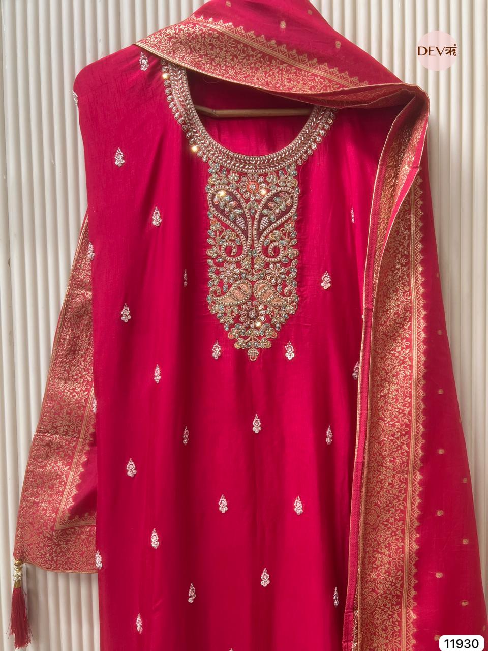 Red Pure Russian Silk Unstitched Hand Embroidered -Set Of 3 - {11930}