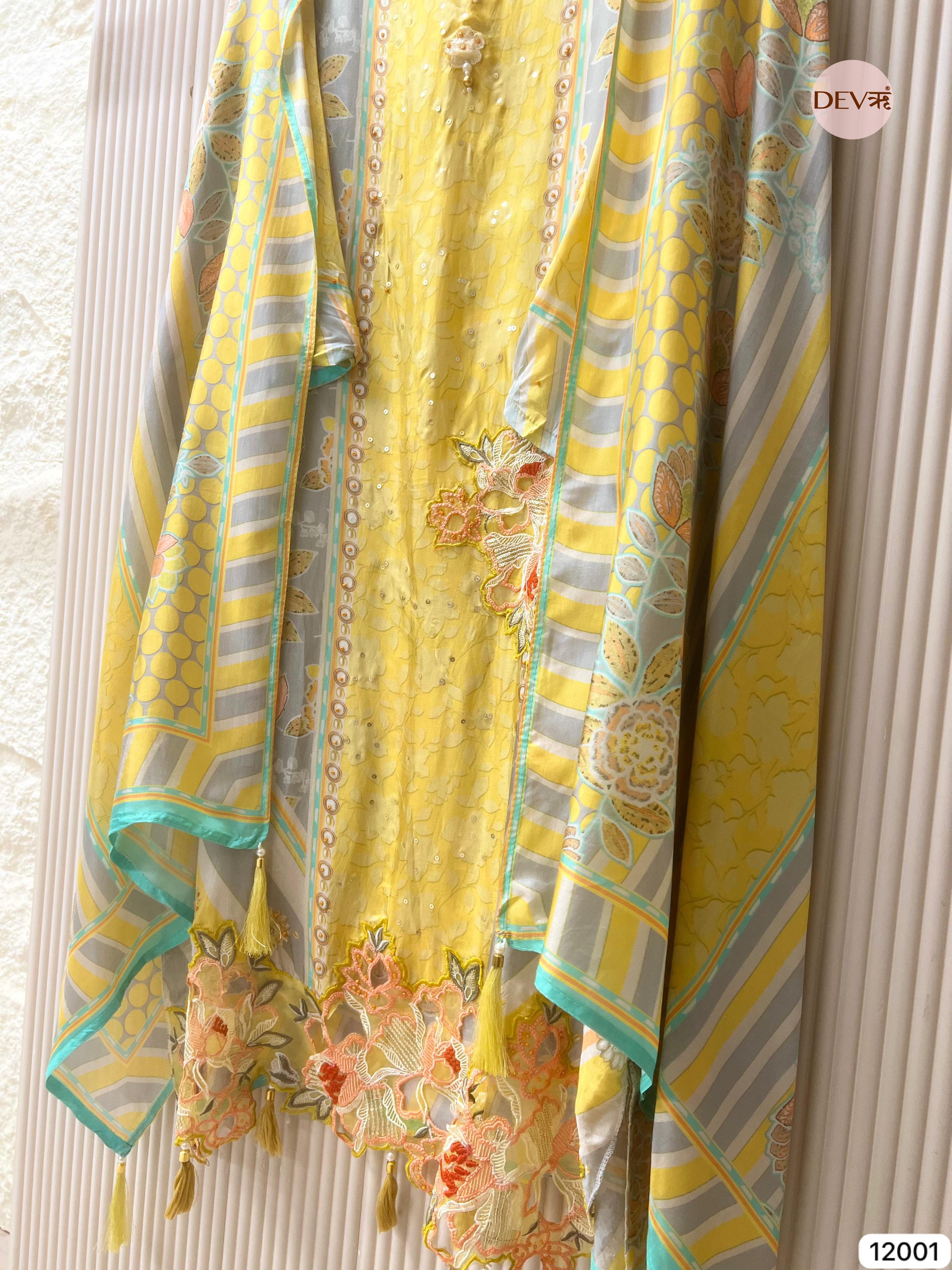 {12001} Yellow Pure Organza Silk Semi stitched Printed Embroidered -Set Of 3