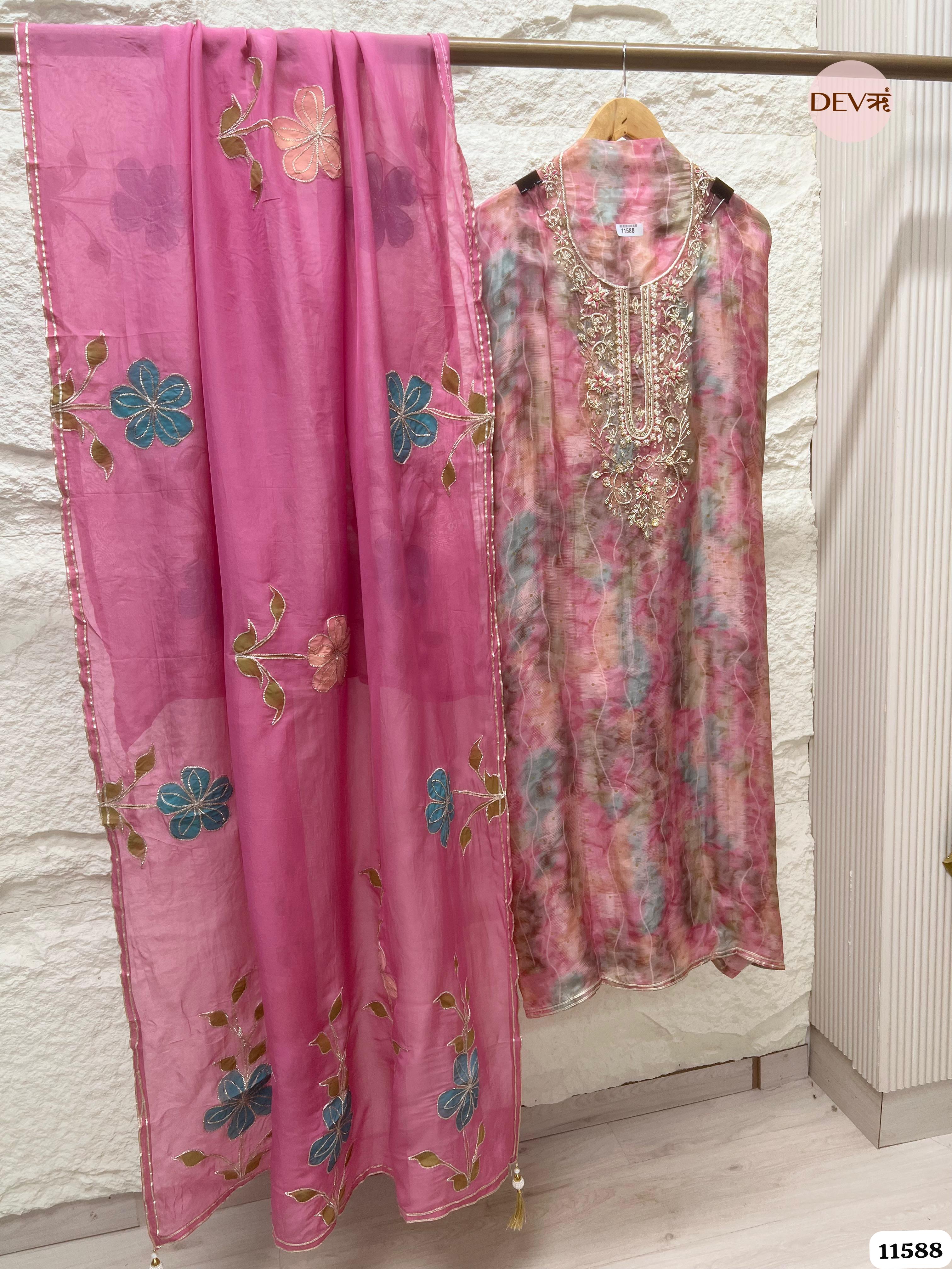 Pink Pure Organza Silk Printed Unstitched Hand Embroidered -Set Of 3 {11588}