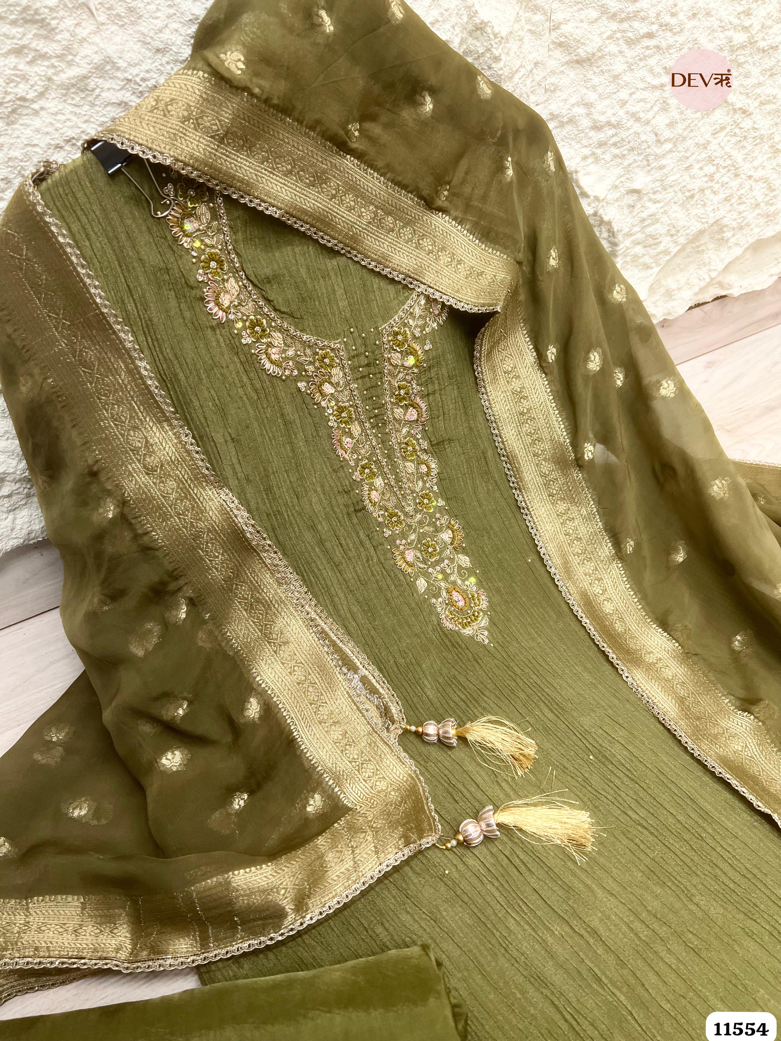 Olive Green Pure Tissue Crush Silk Unstitched Hand Embroidered -Set Of 3 {11554}