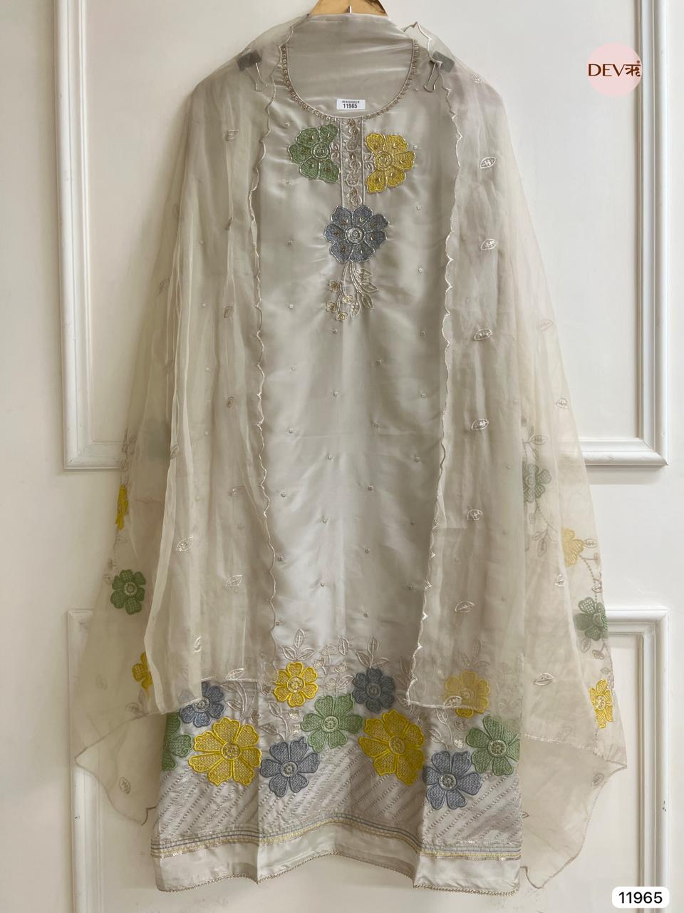 Off White Tissue Shimmer Silk Unstitched Embroidered -Set Of 3 - {11965}