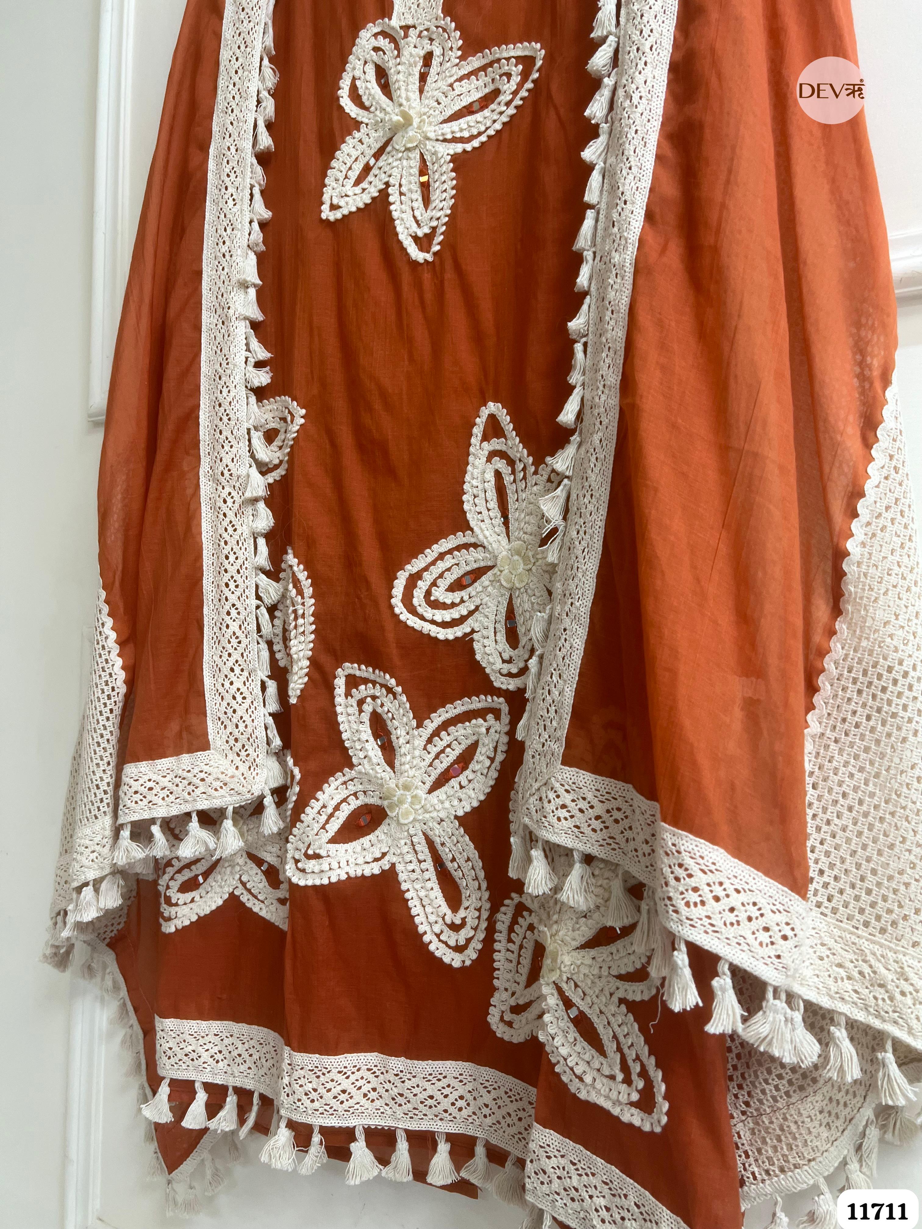 Rust Mul Chanderi Unstitched Hand Embroidered -Set Of 3 {11711}