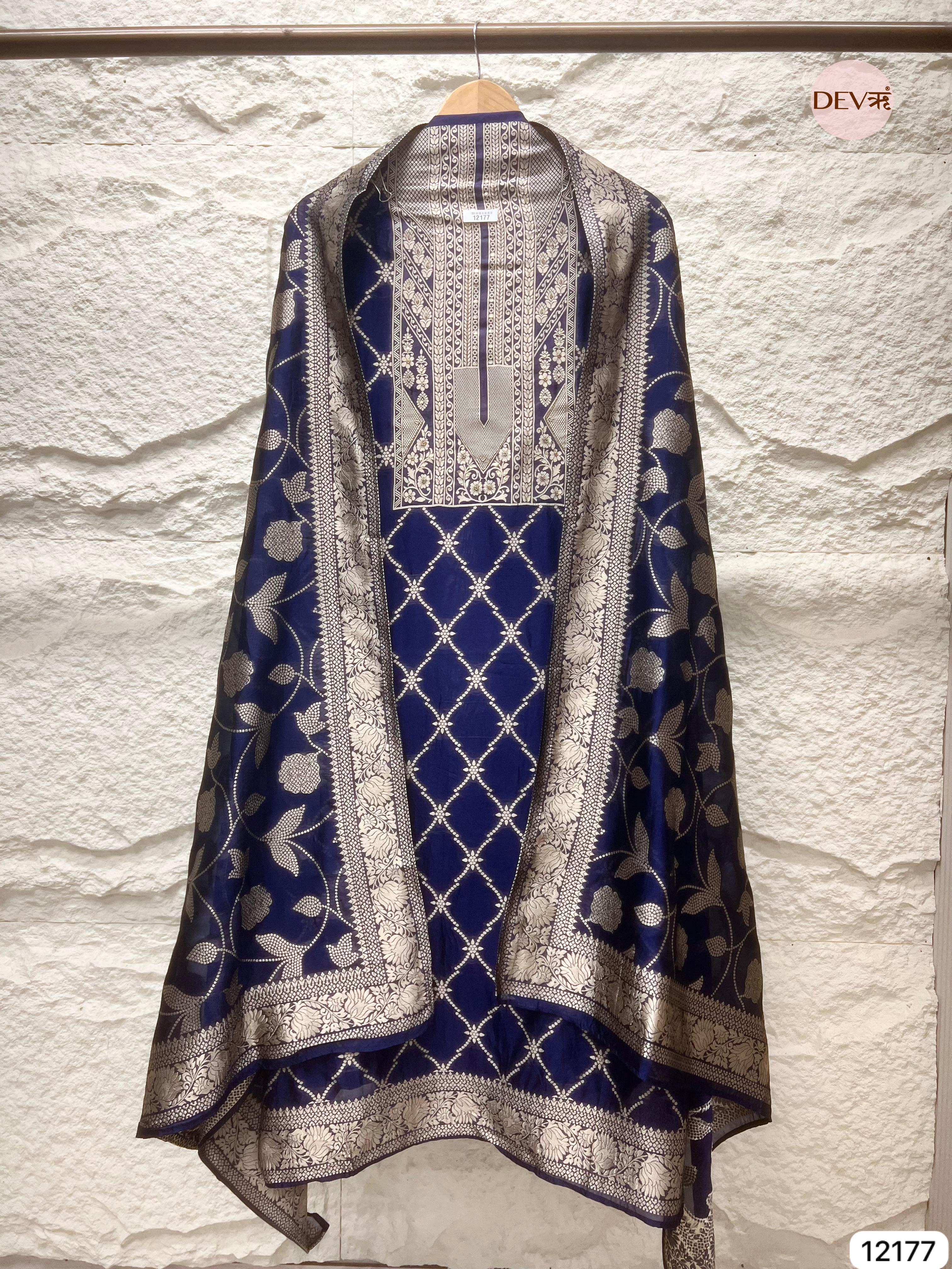 Blue Pure Banarasi Silk Unstitched Hand embroidered- Set of 3 - {12177}
