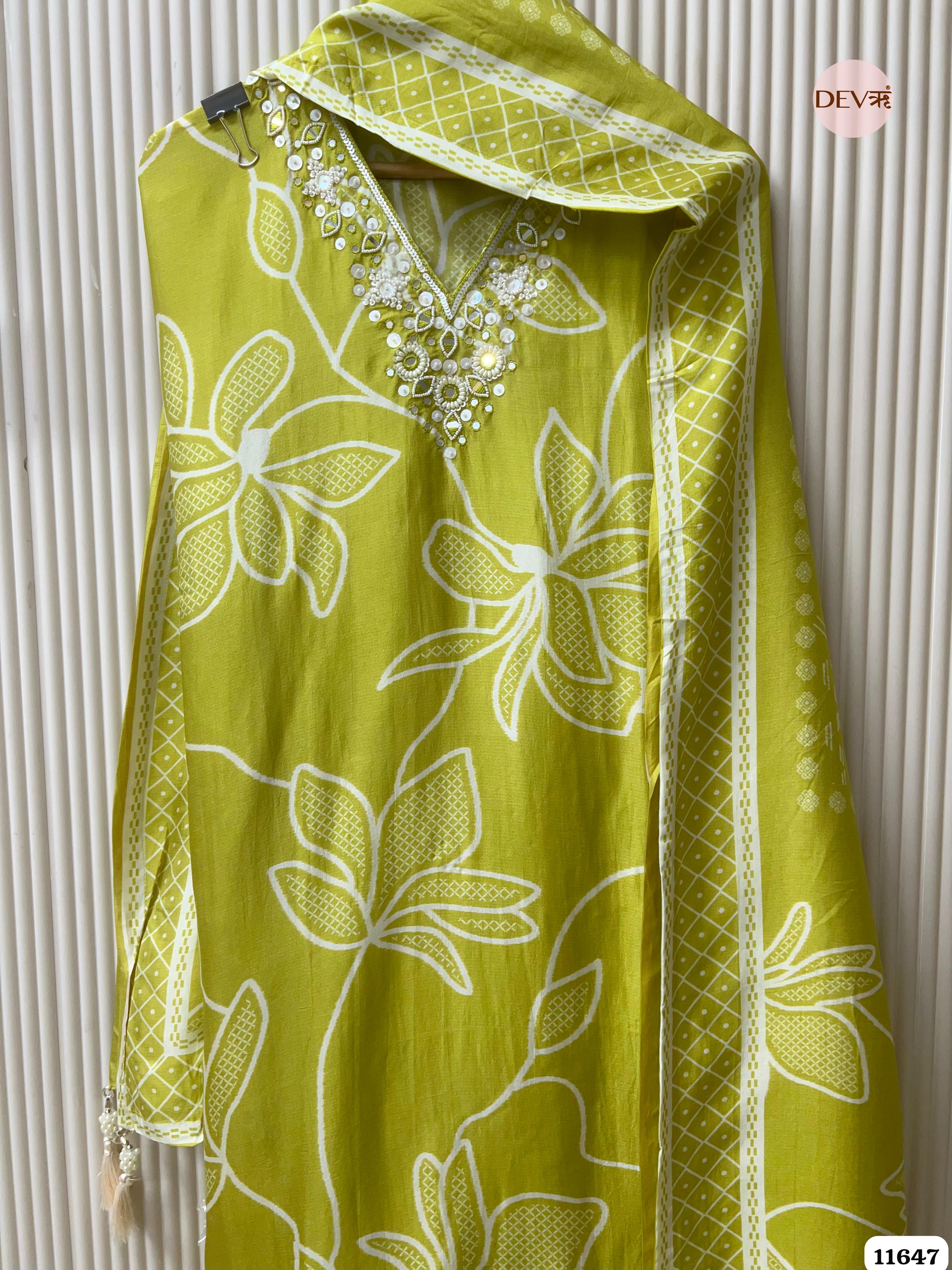 Green Russian Silk Printed Unstitched Hand Embroidered -Set Of 3 {11647}