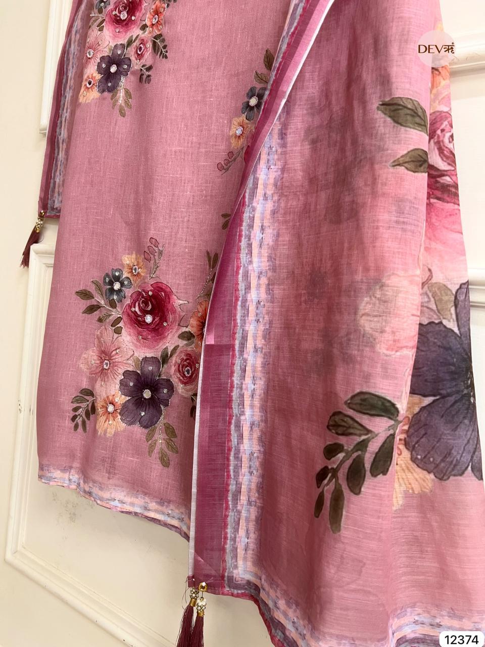 Rose Pink Linen Printed Unstitched 3-Piece Suit (Devri – D.No 12374)