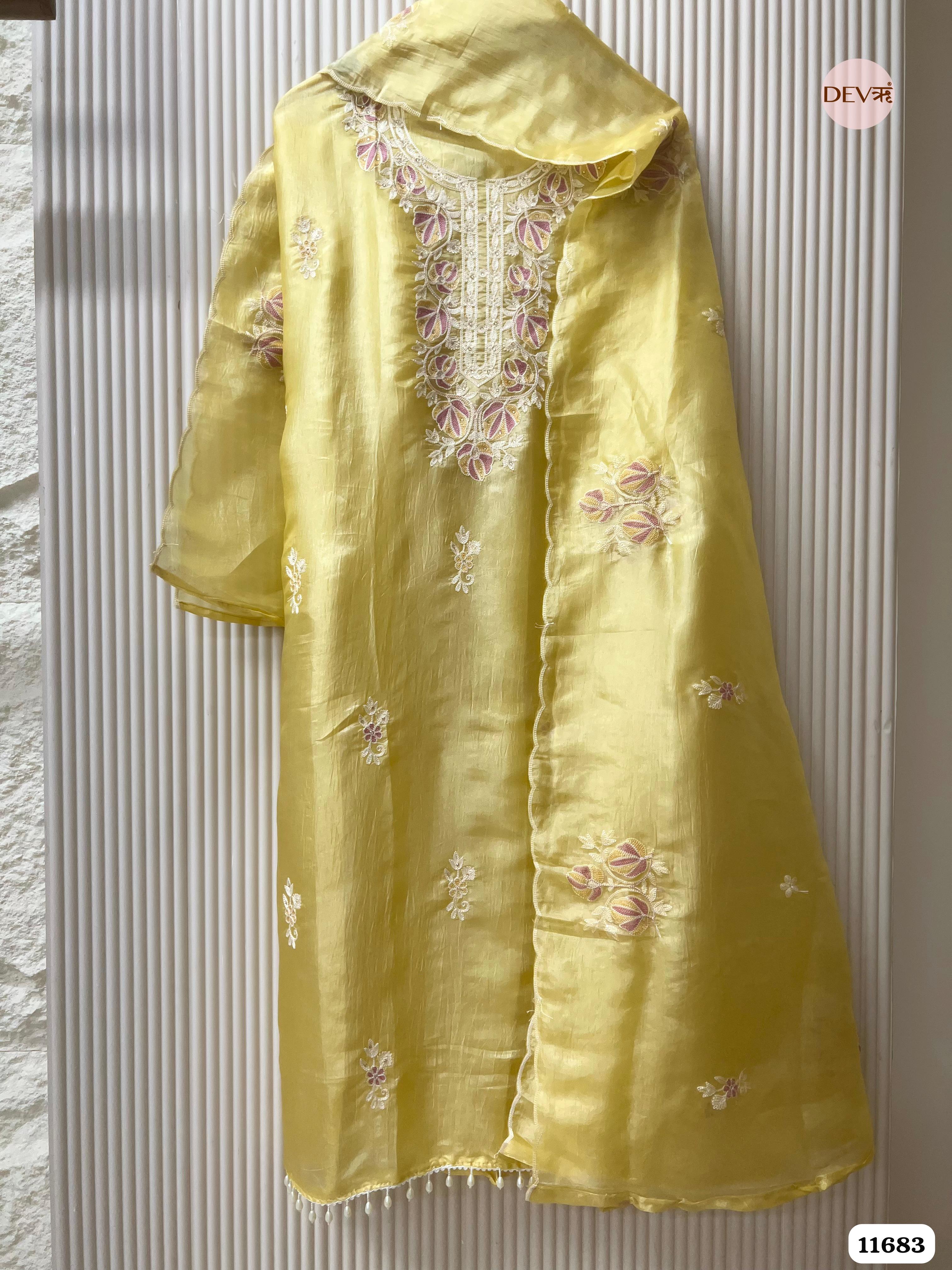 Yellow Tissue Crush Silk Unstitched Embroidered -Set Of 3