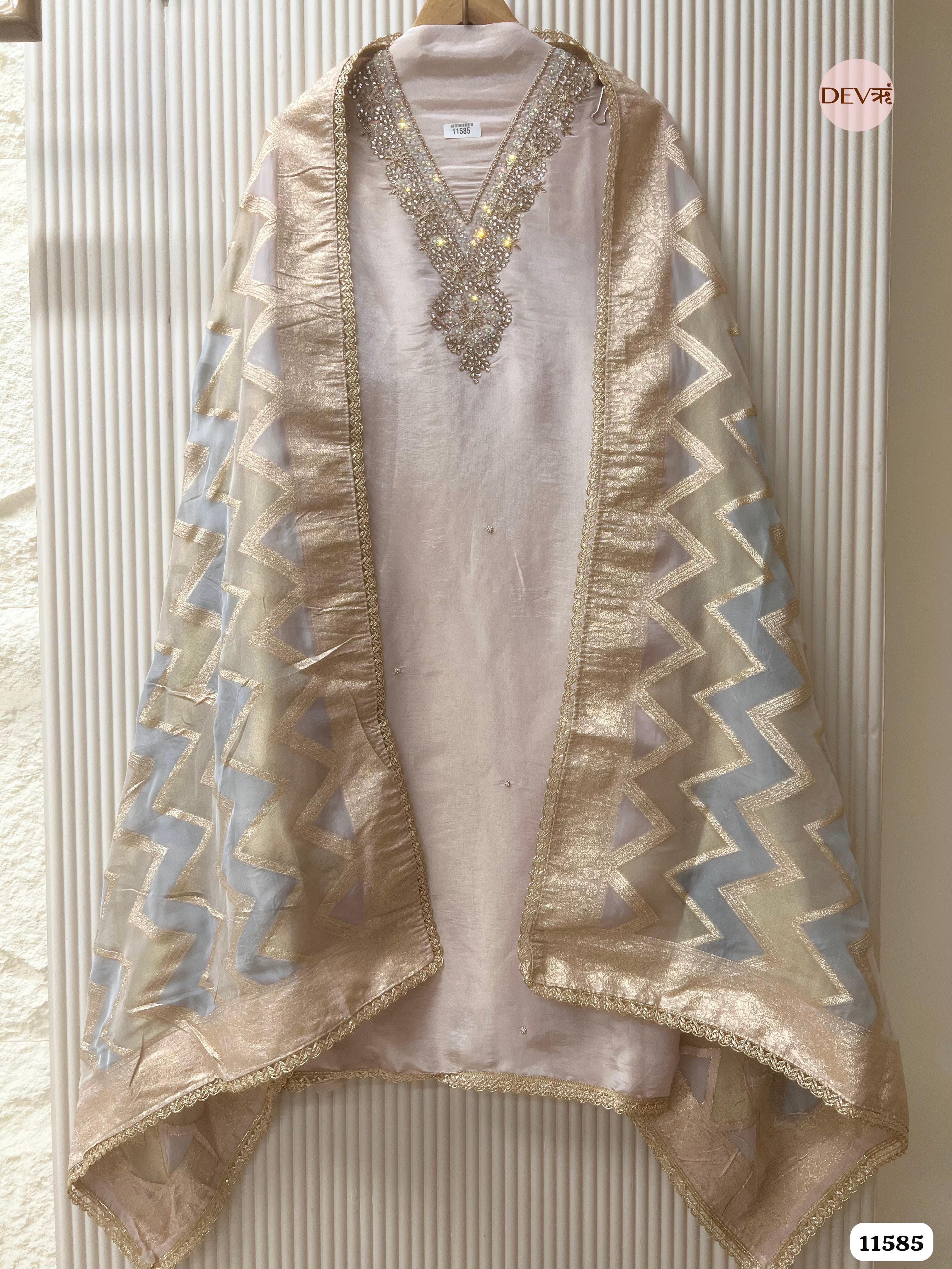 Beige Pure Tissue Silk Unstitched Hand Embroidered -Set Of 3 {11585}