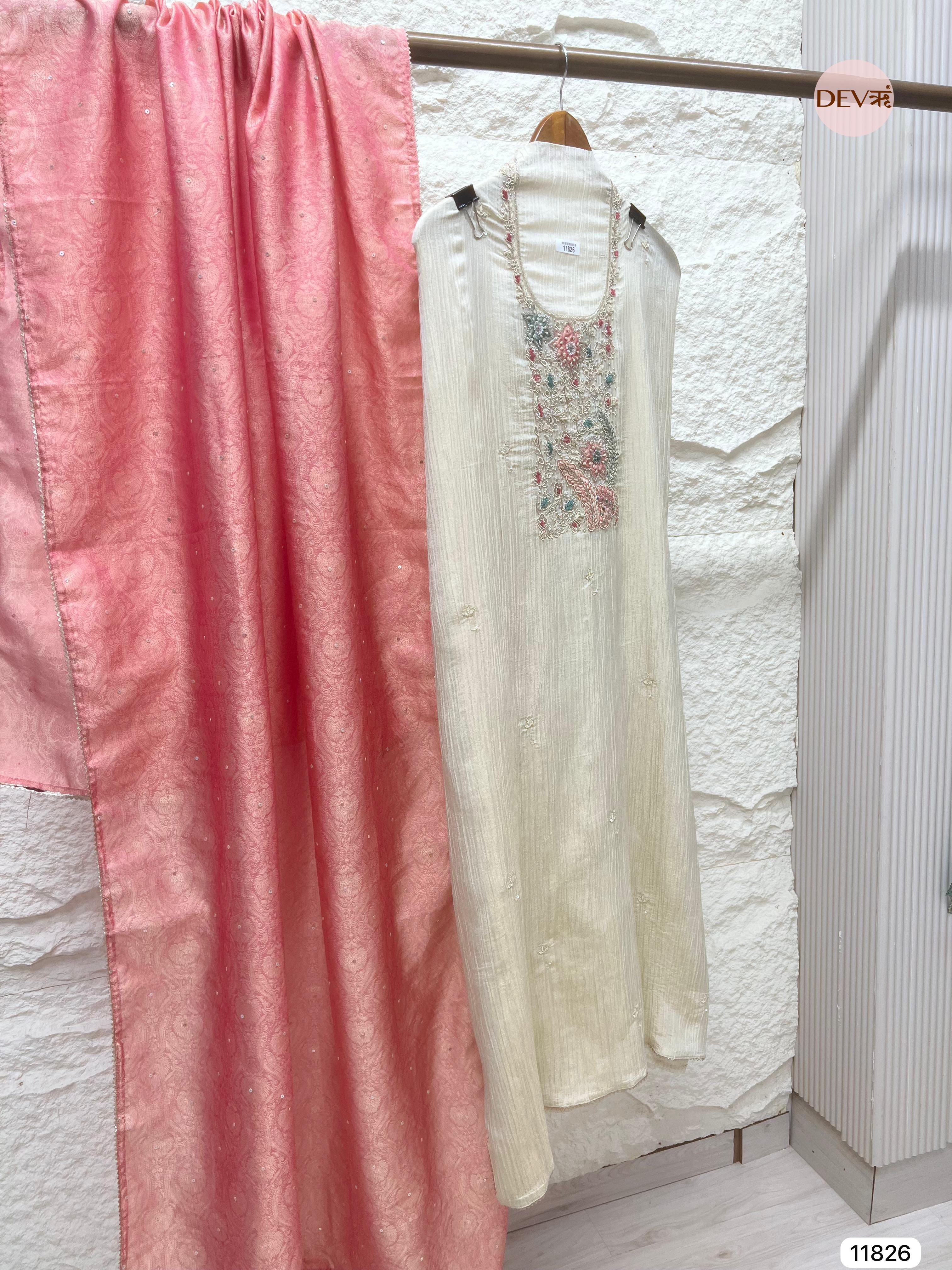 Off White Pure Tissue Crush Silk Unstitched Hand Embroidered -Set Of 3- {11826}