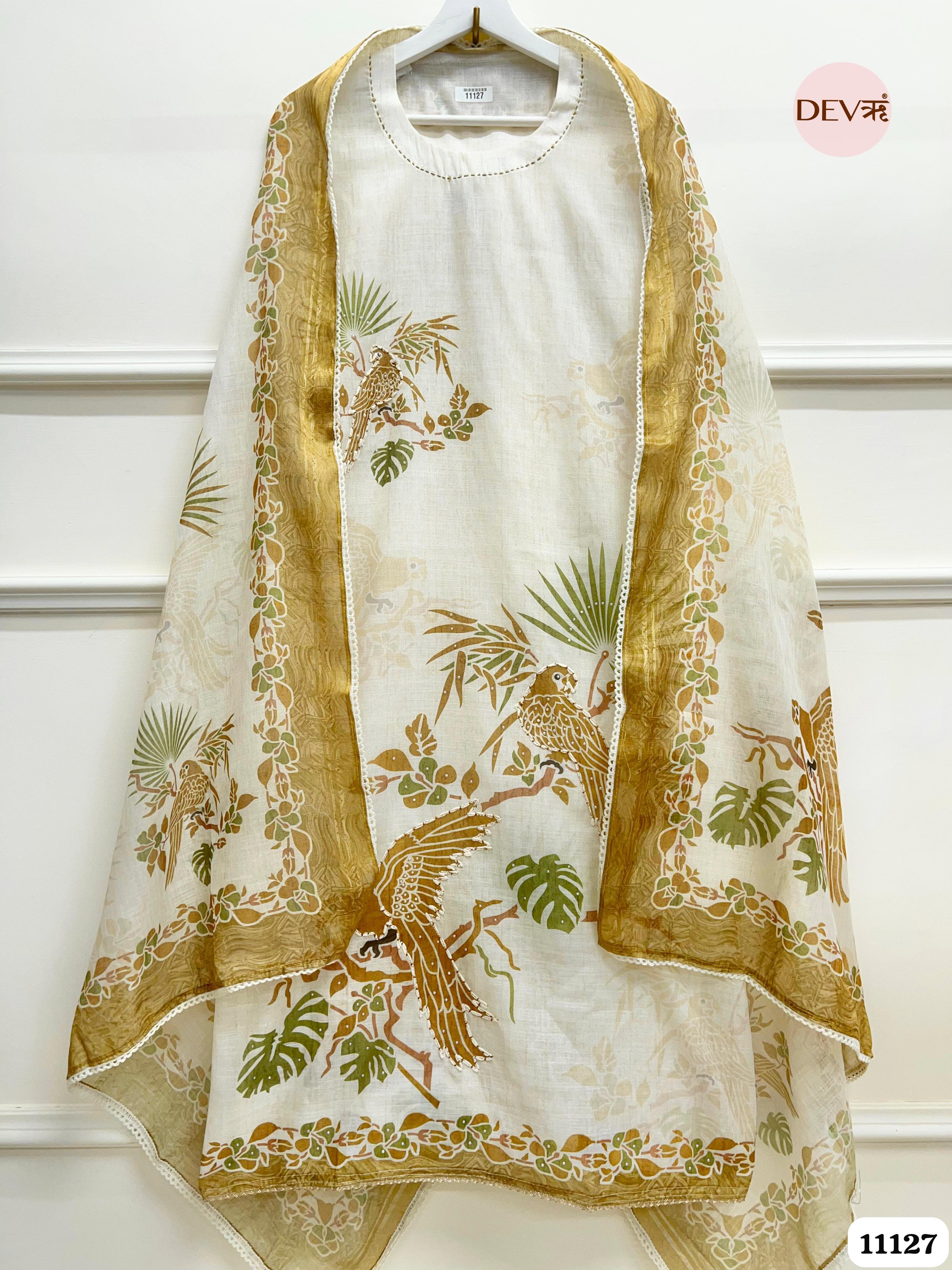 White Linen Unstitched Printed Embroidered -Set Of 3 {11127}