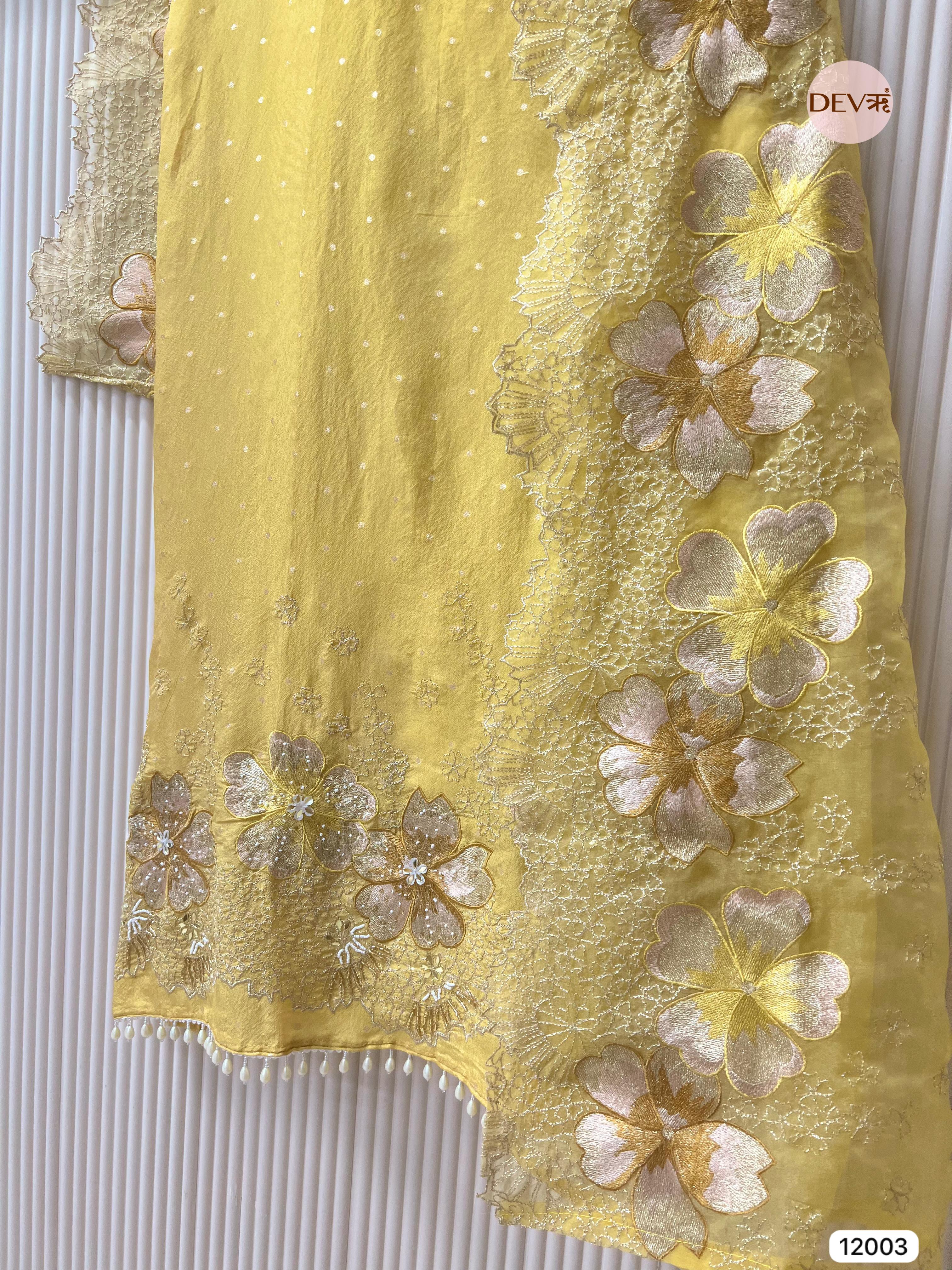 Yellow Tissue Shimmer Silk Unstitched Embroidered -Set Of 3- {12003}