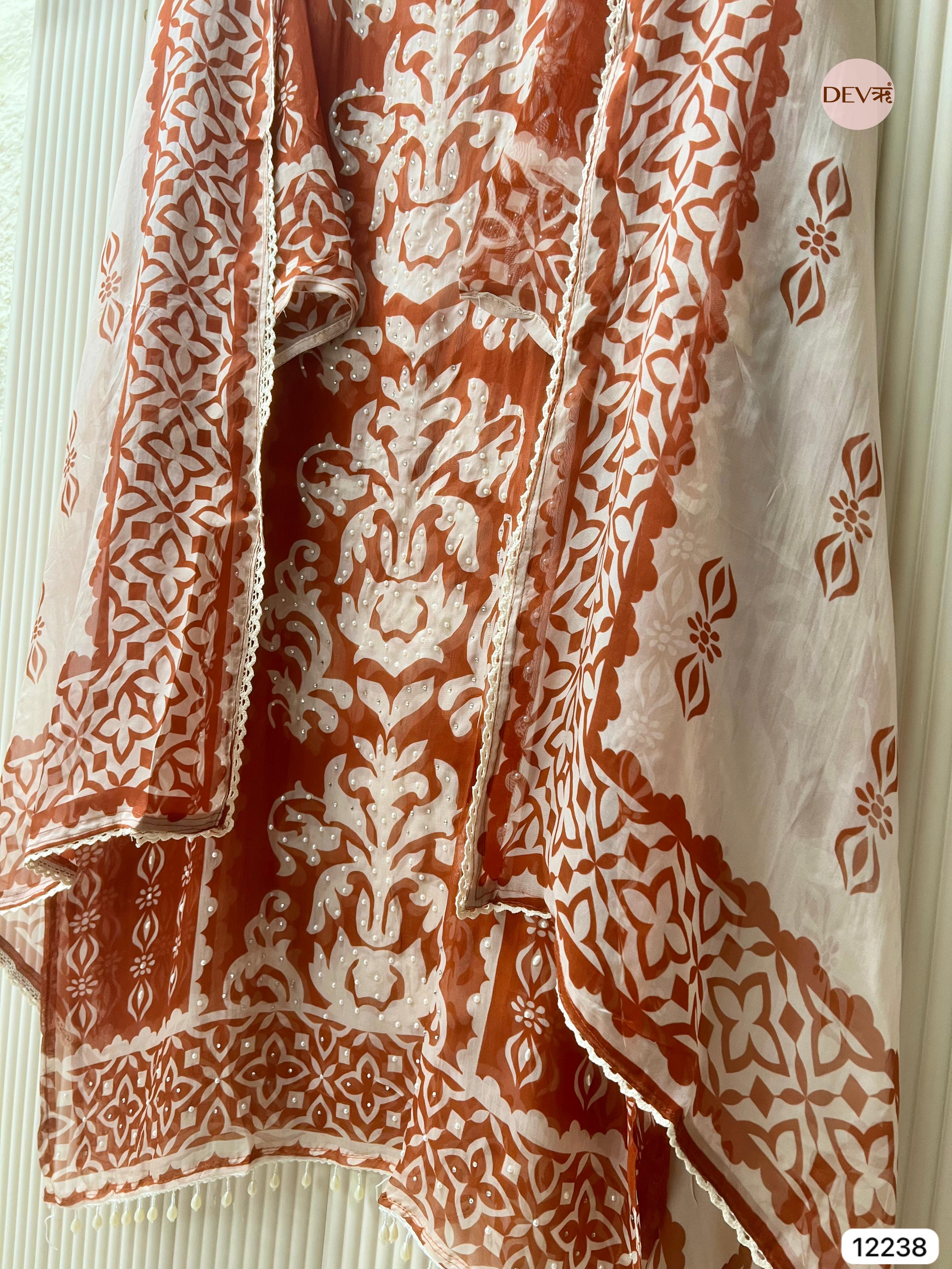 Rust Organza Printed Unstitched 3-Piece Suit (Devri – D.No 12238)