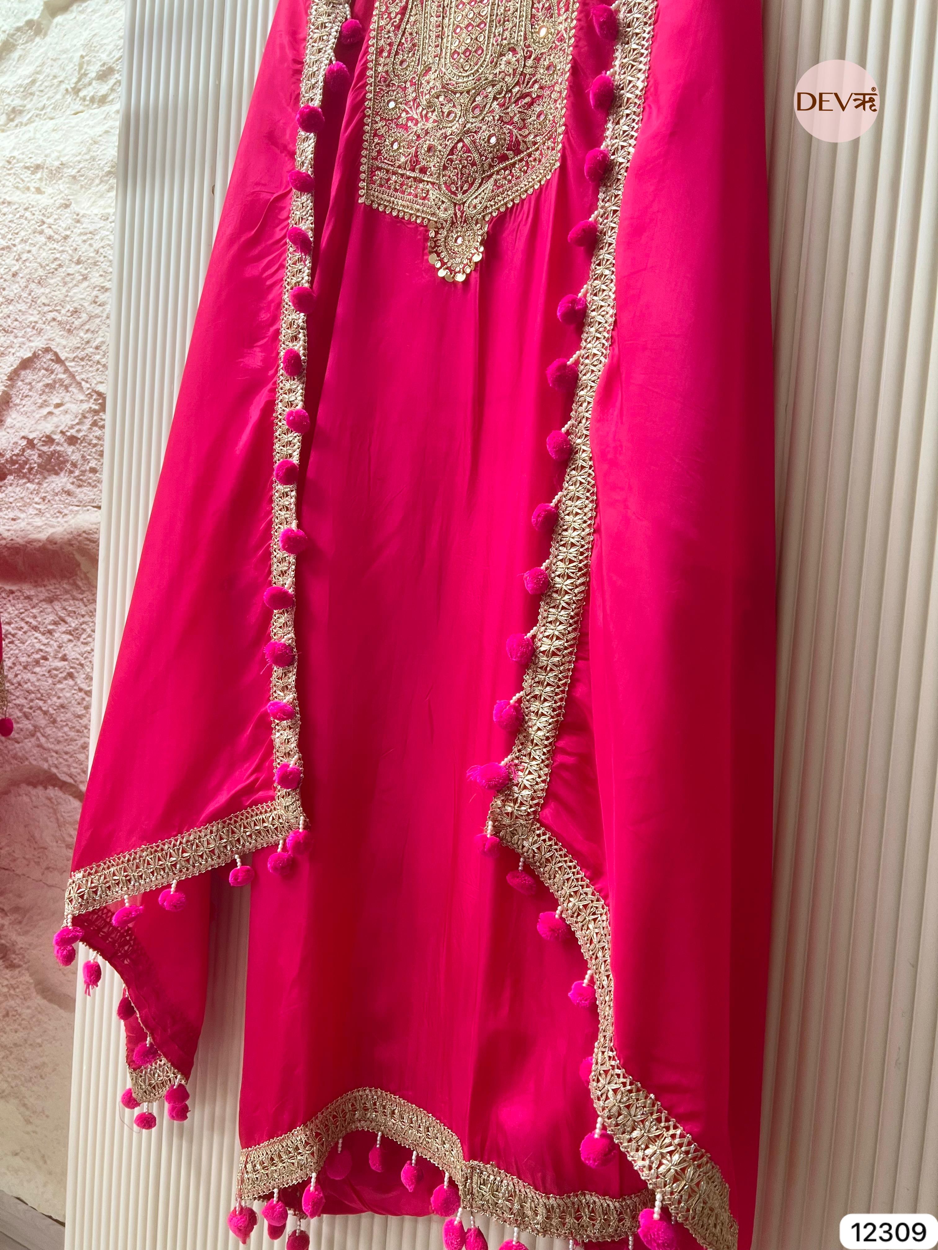 Rani Pink Glass Organza Embroidered Unstitched 3-Piece Suit (Devri – D.No 12309)