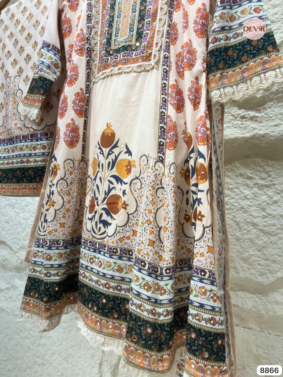 {8866} Beige Pure Mul Cotton Stitched Printed Embroidered -Set Of 3