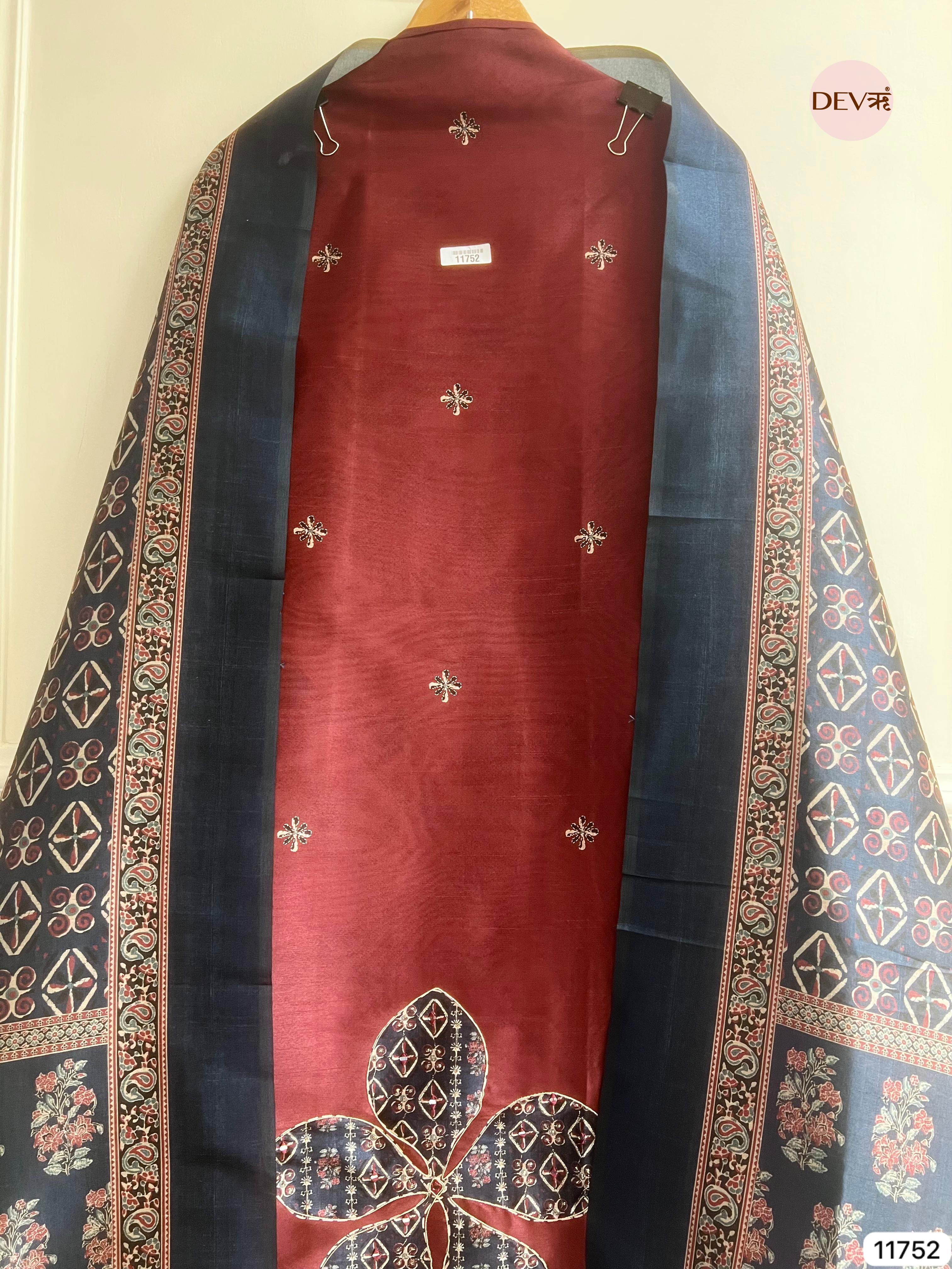 Maroon Raw Silk Unstitched Hand Applique Work Embroidered -Set Of 3 - {11752}