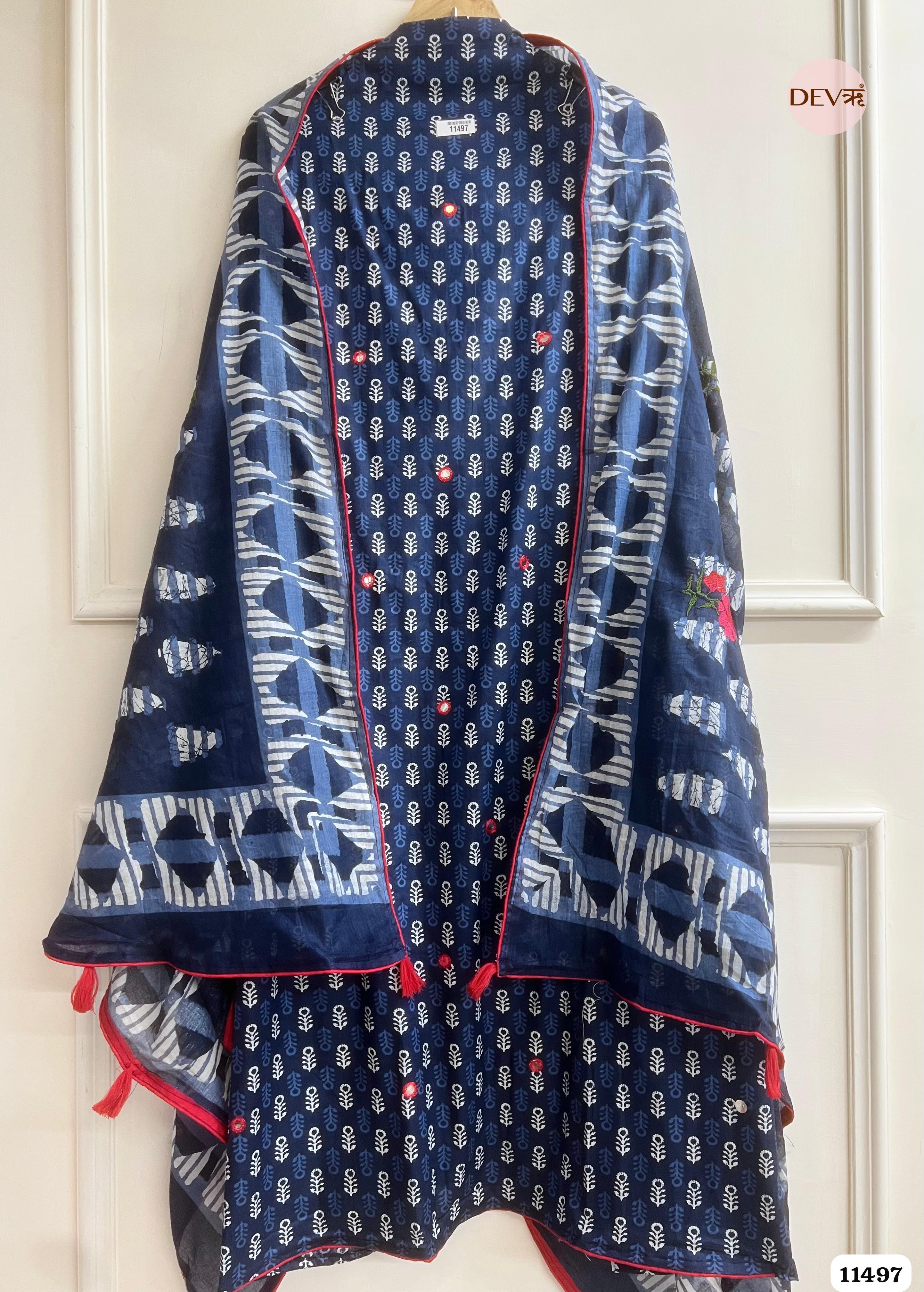 Dark Blue or Navy Blue Mul Cotton Unstitched Hand Embroidered -Set Of 3 {11497}