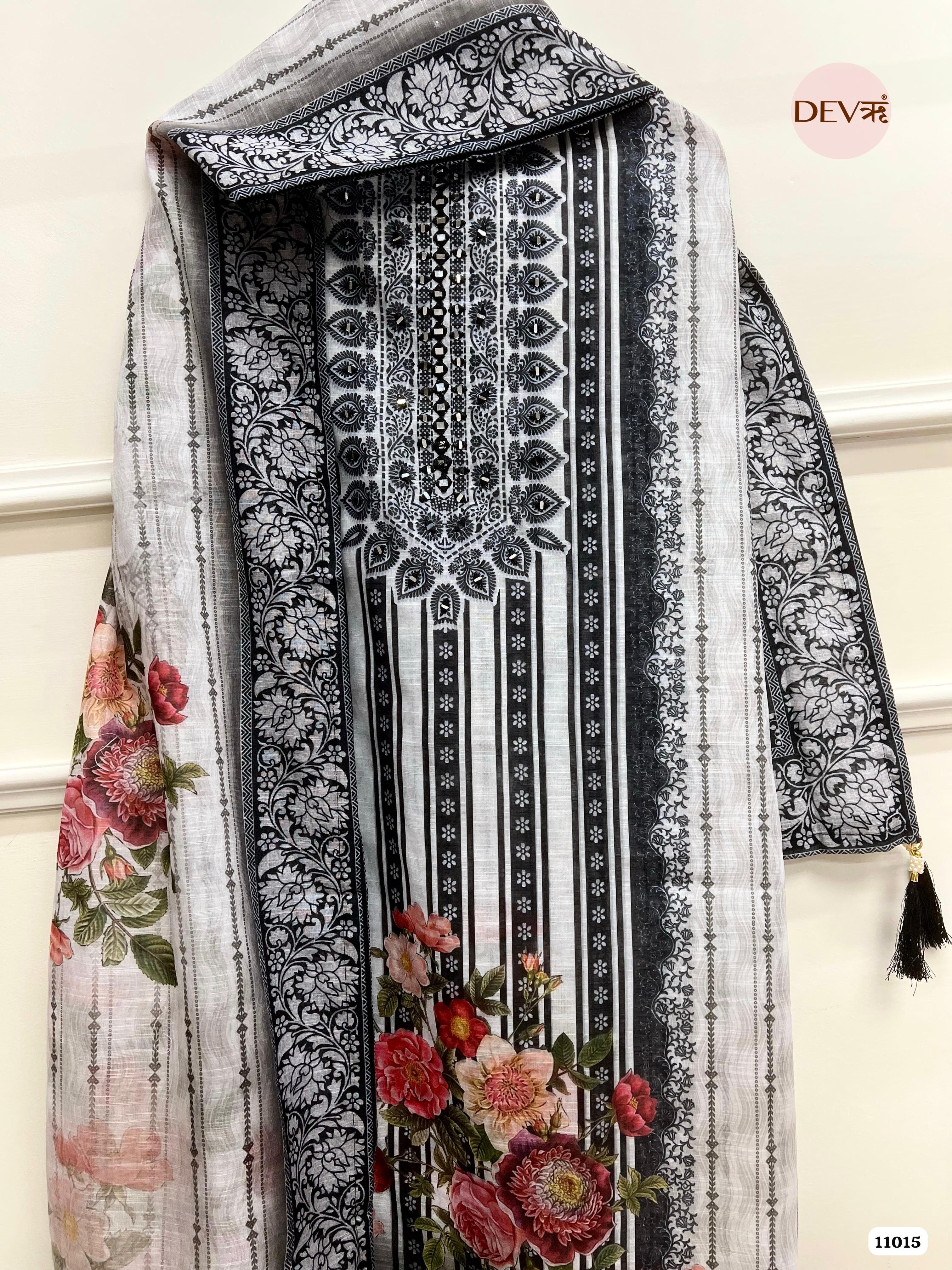 Black Linen Cotton Unstitched Printed Embroidered -Set Of 3 {11015}