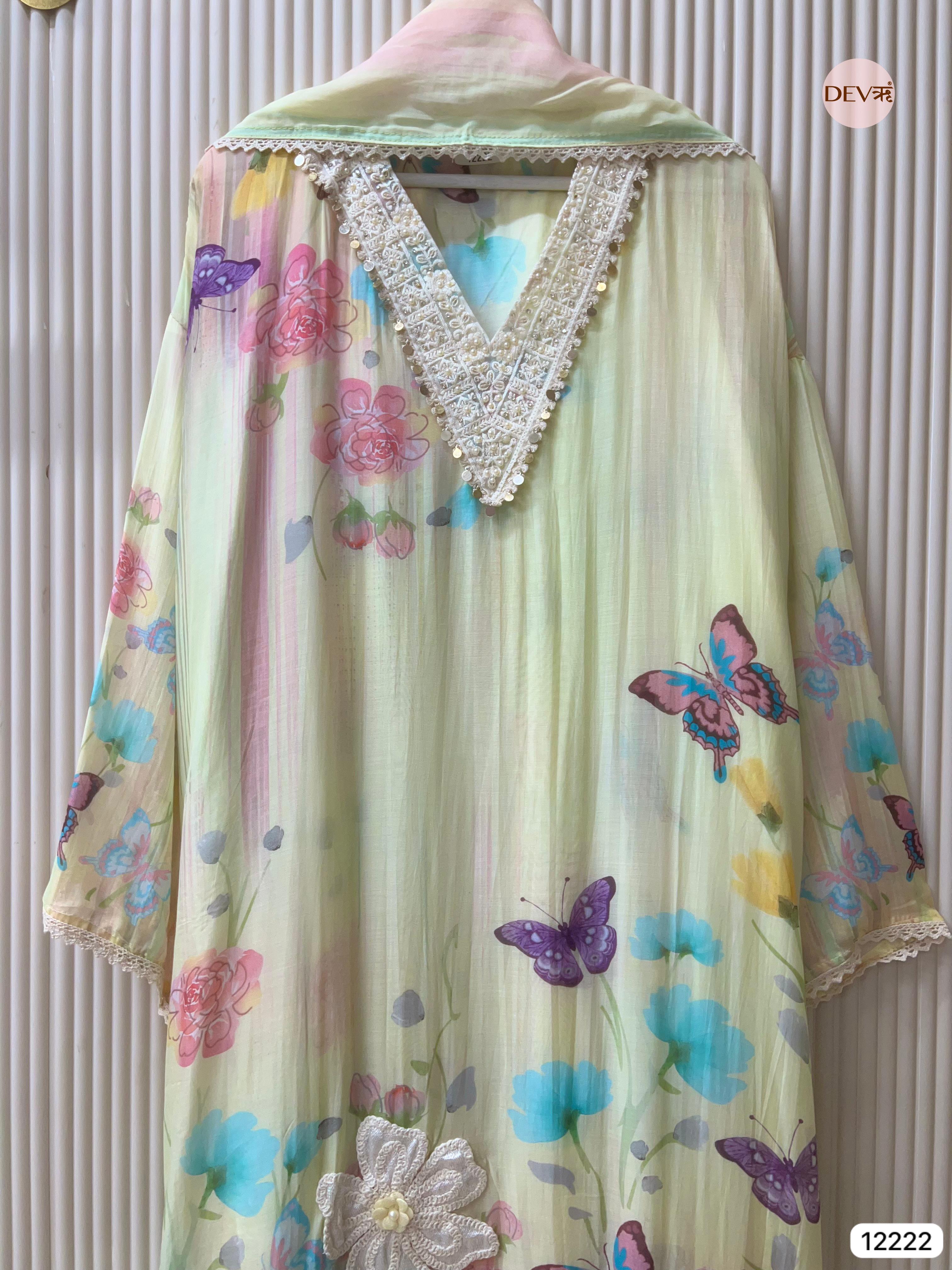 Pastel Yellow Mul Chanderi Printed Unstitched 3-Piece Suit (Devri – D.No 12222)
