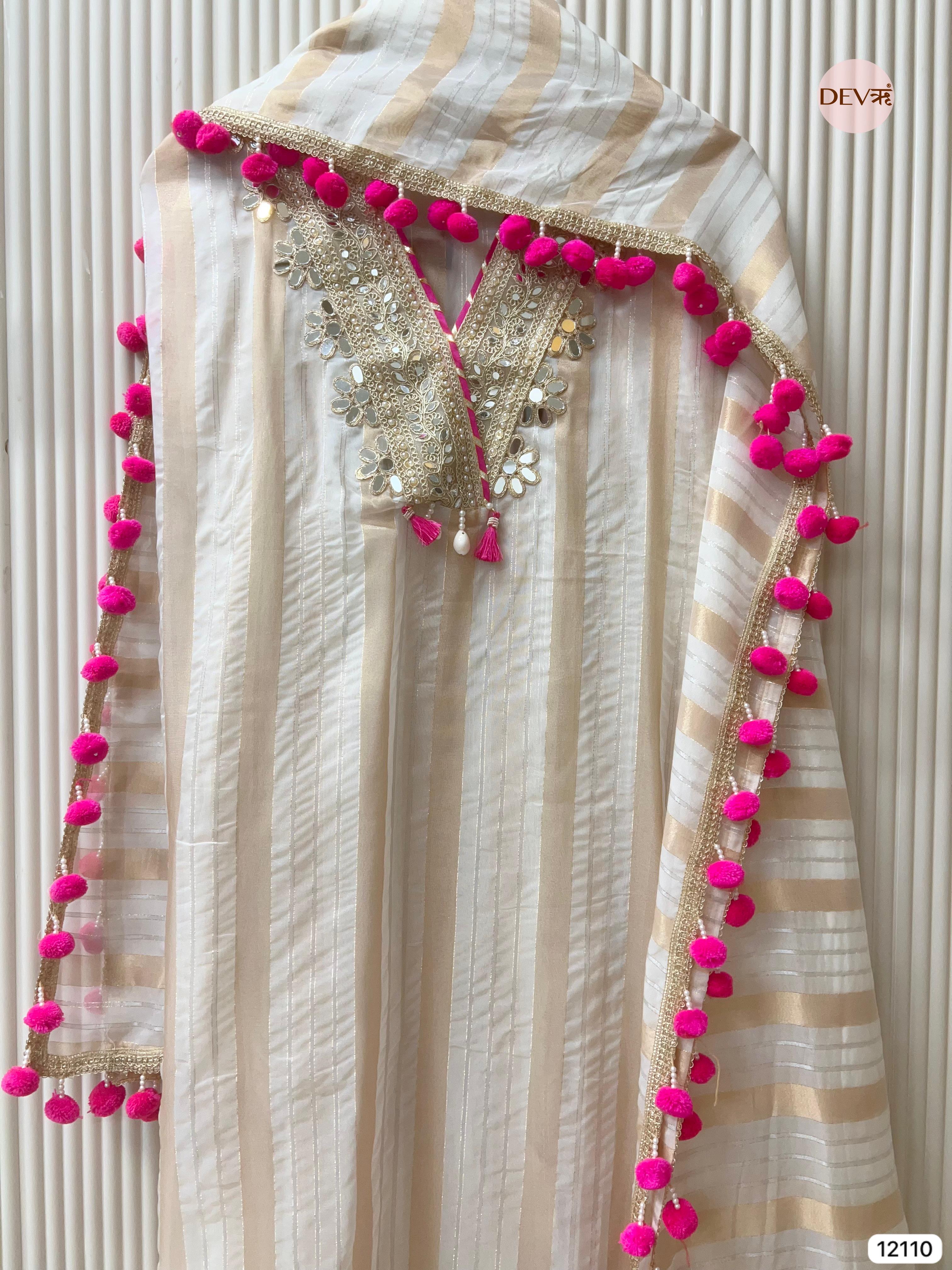 Cream Colour Tissue Shimmer Silk Unstitched Hand Embroidered -Set Of 3 - {12110}