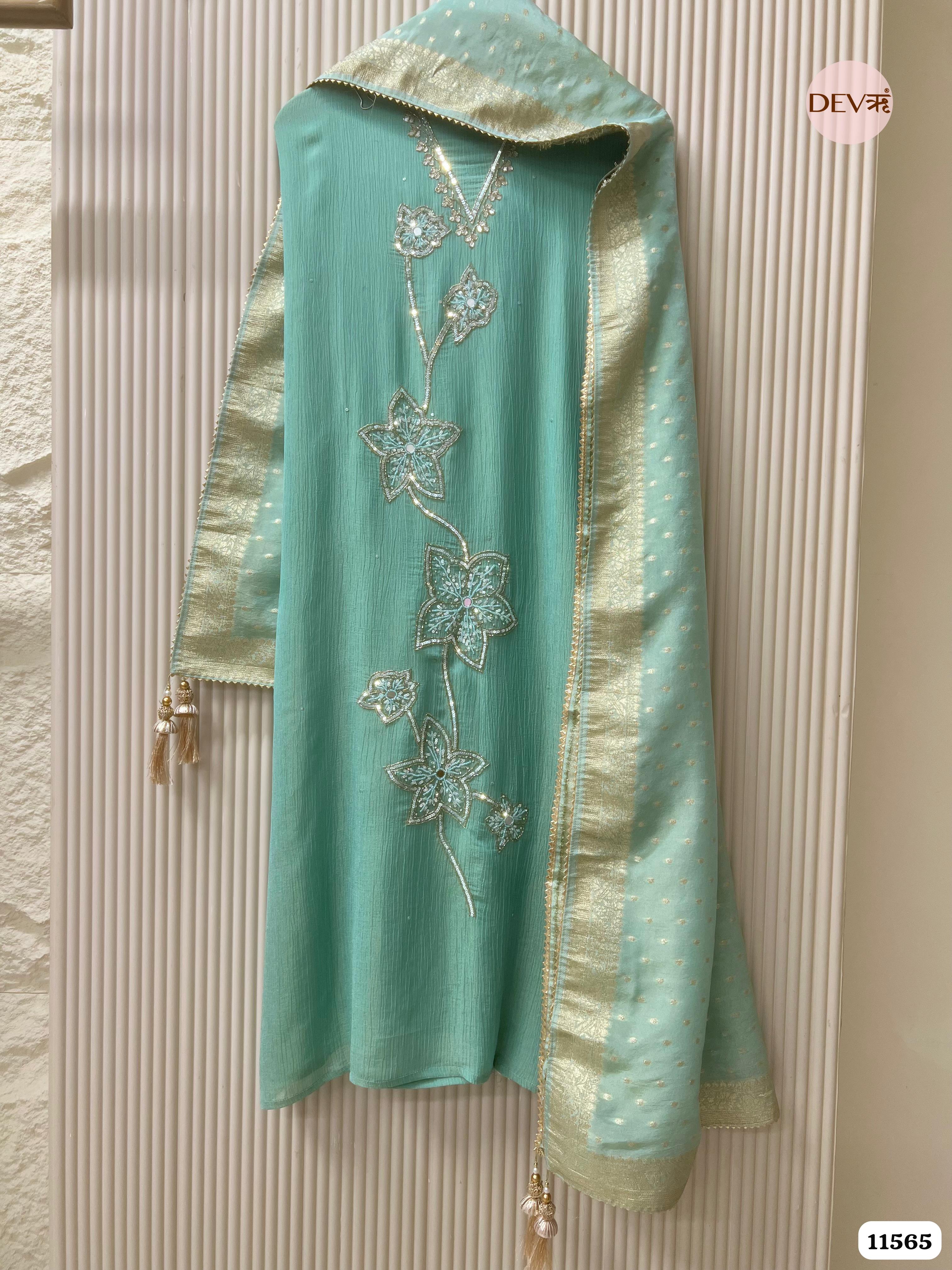 Seafoam Green Pure Chinon Unstitched Hand Embroidered -Set Of 3 {11565}