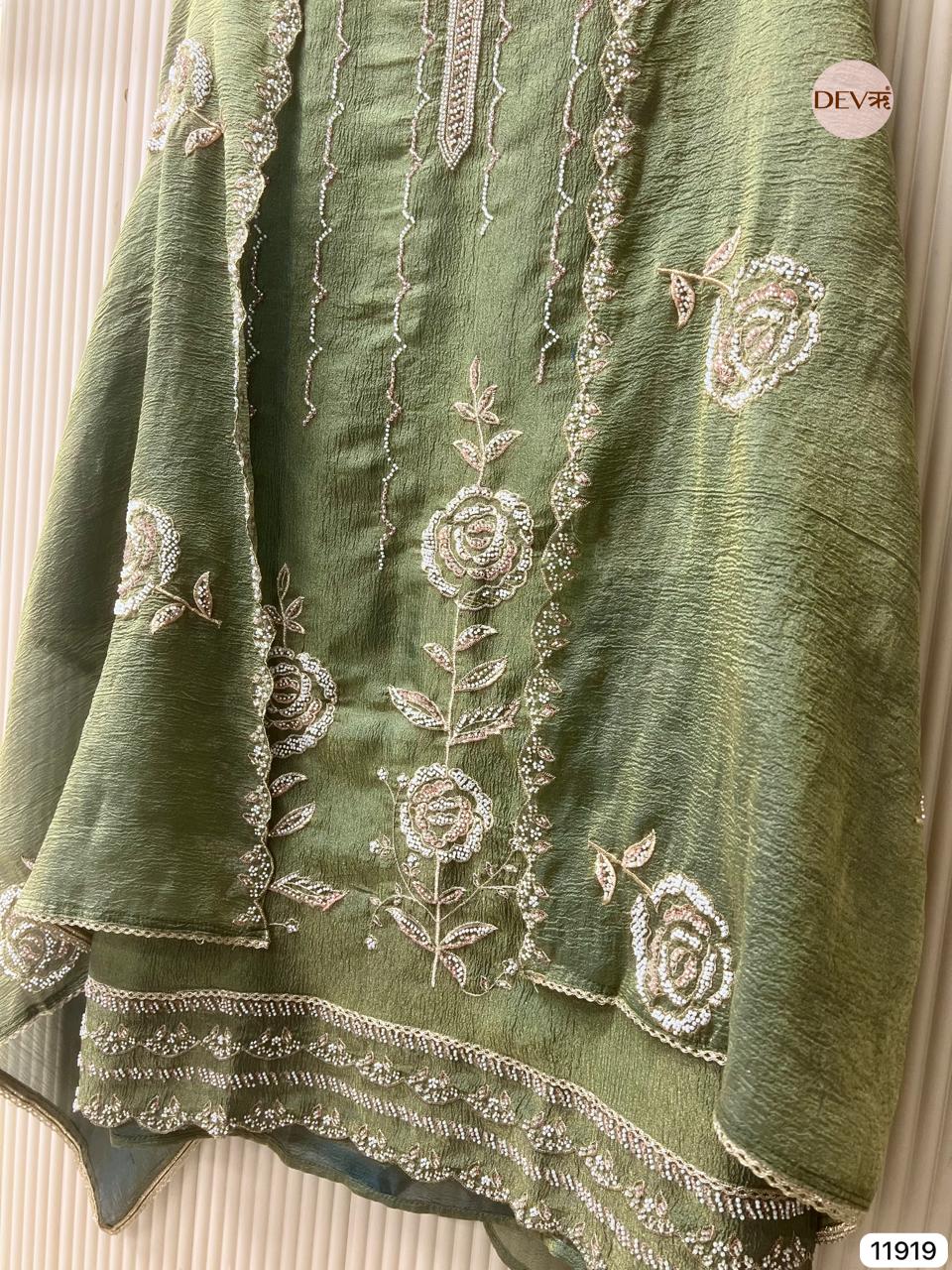 Green Pure Tissue Crush Unstitched Hand Embroidered -Set Of 3 - {11919}