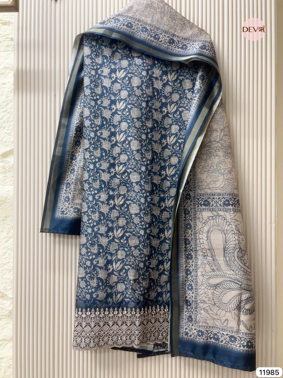 Blue Pure Tusser Silk Printed Unstitched 3-Piece Suit (Devri – D.No 11985)