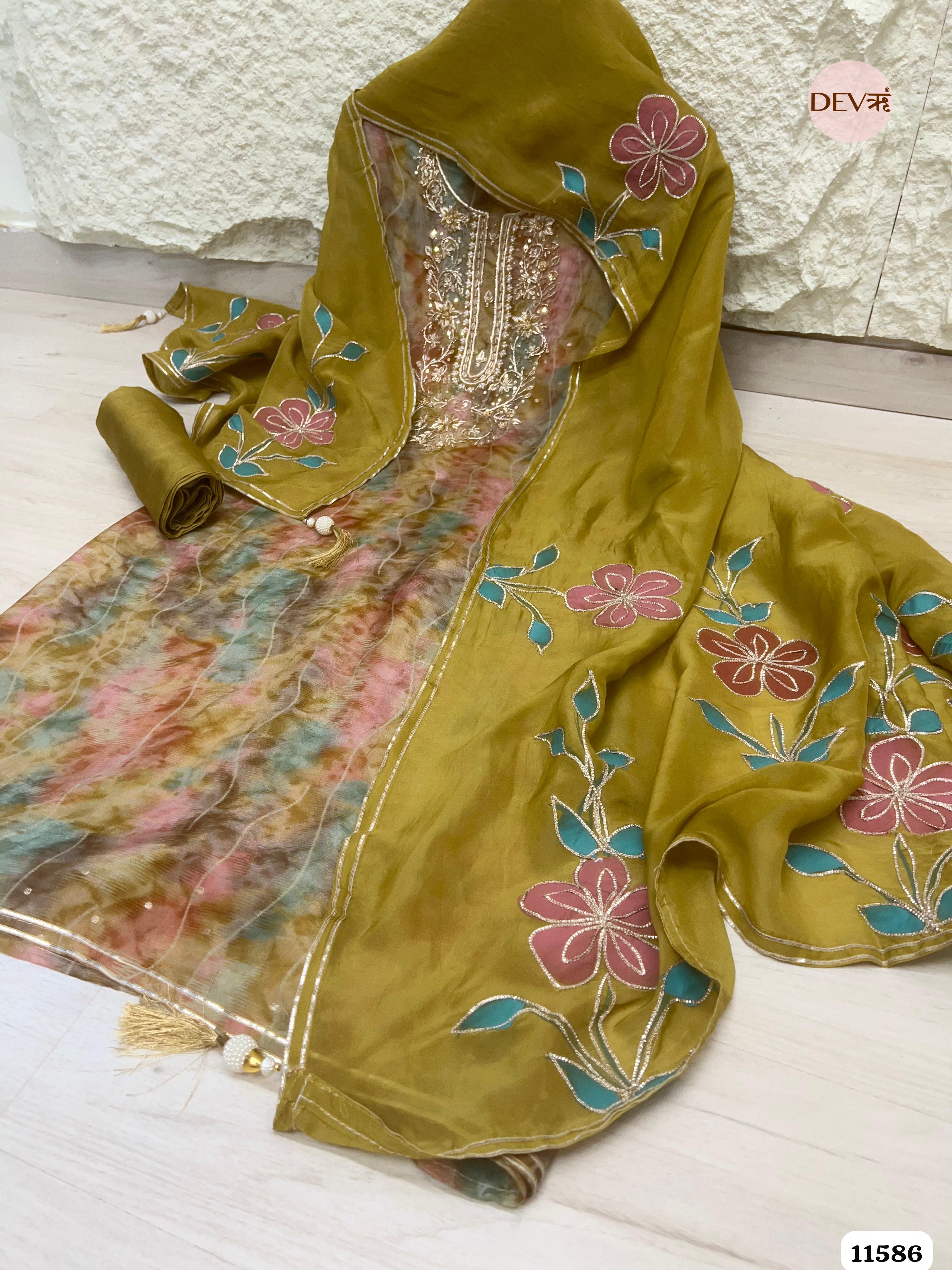 Olive Green Pure Organza Silk Printed Unstitched Hand Embroidered -Set Of 3 {11586}