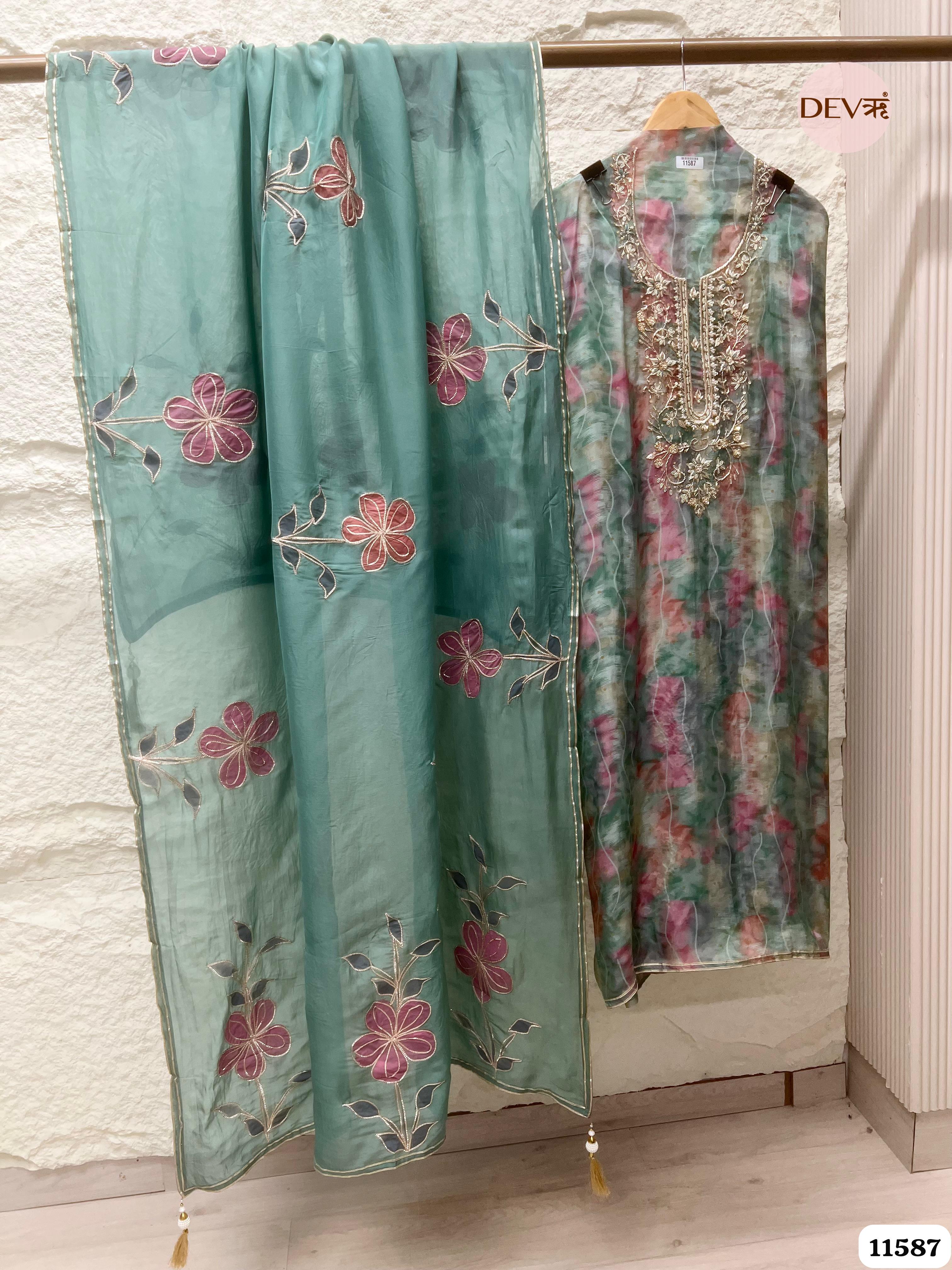 Green Pure Organza Silk Printed Unstitched Hand Embroidered -Set Of 3 {11587}