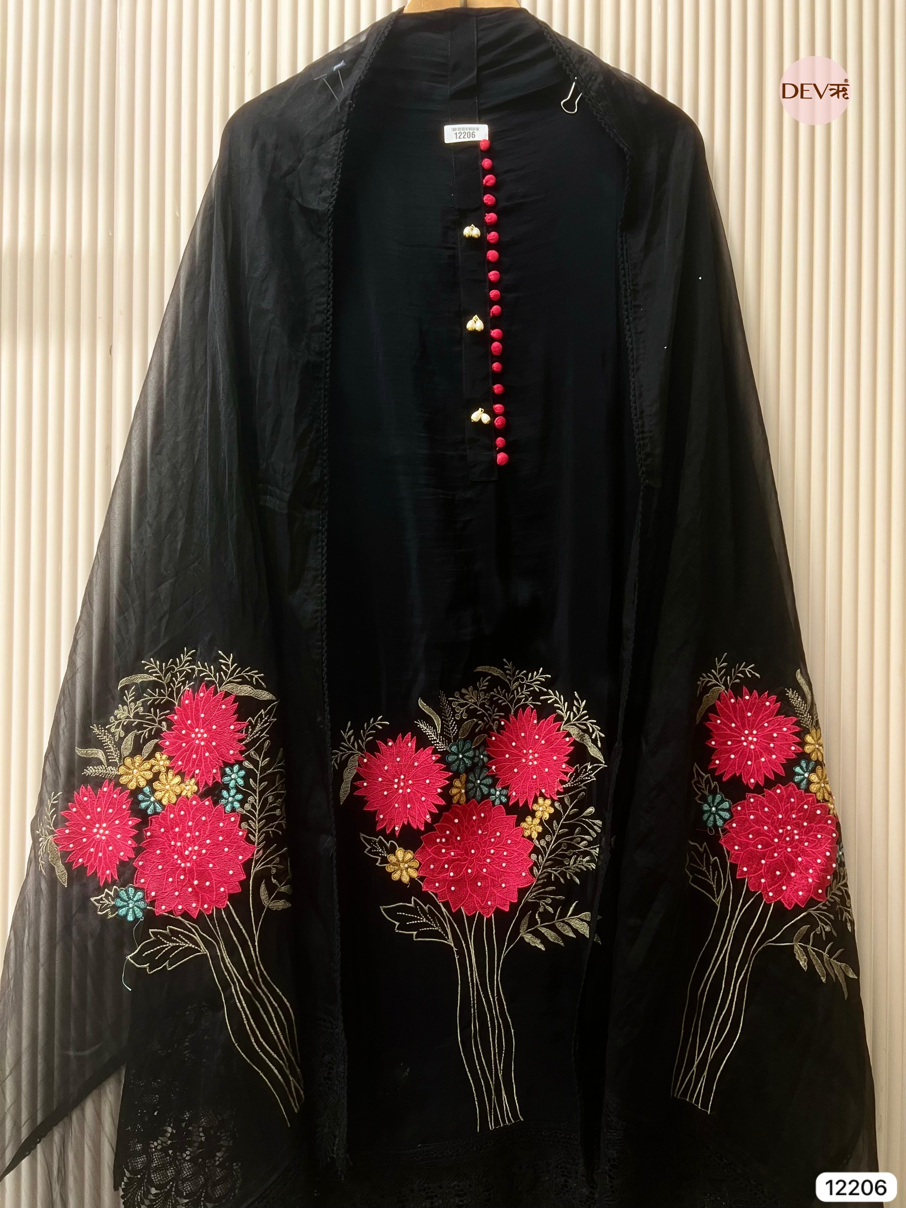 Black Glass Organza Embroidered Unstitched 3-Piece Suit (Devri – D.No 12206)