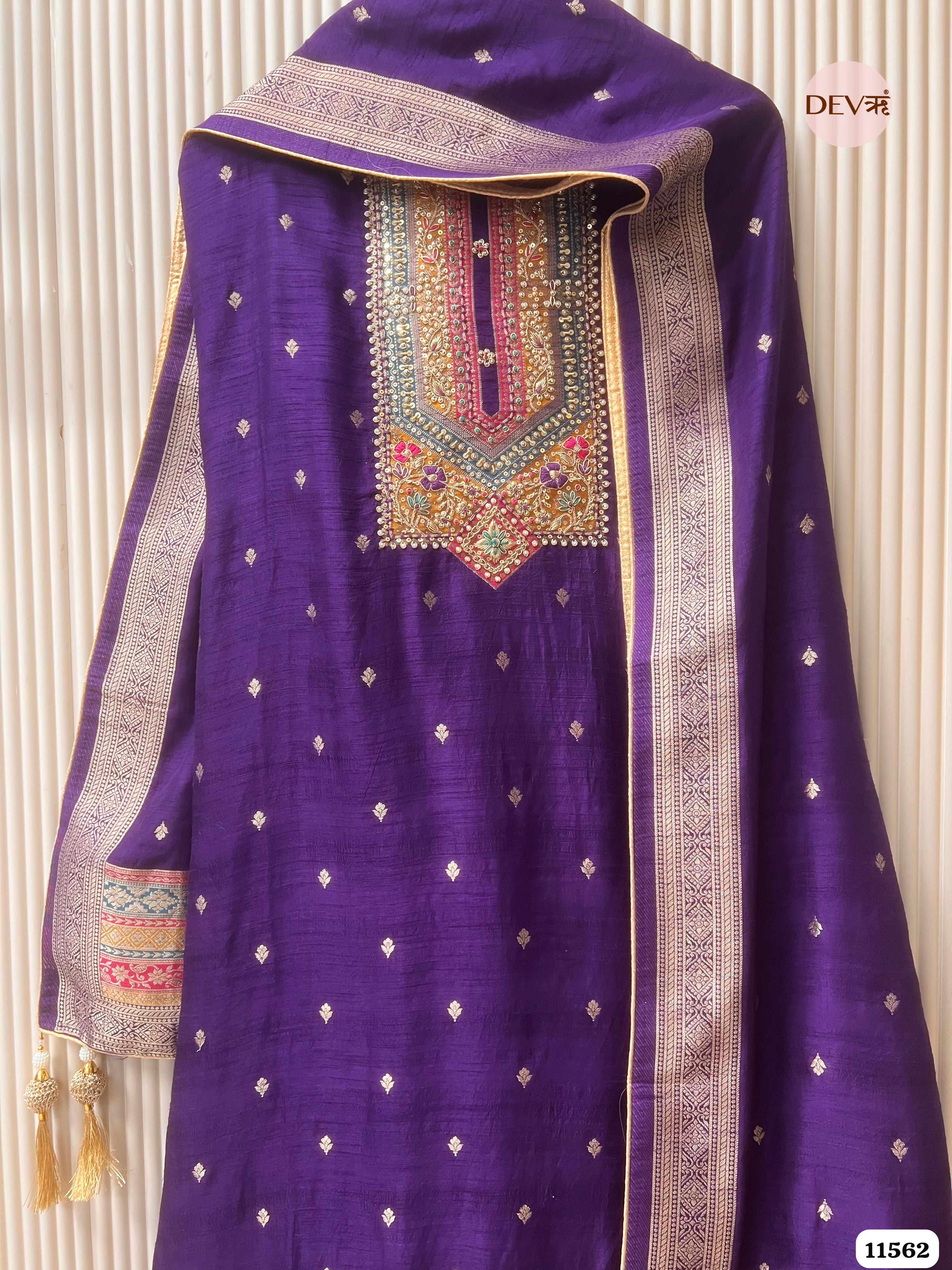 Purple Pure Russian silk Woven Unstitched Hand Embroidered -Set Of 3 {11562}