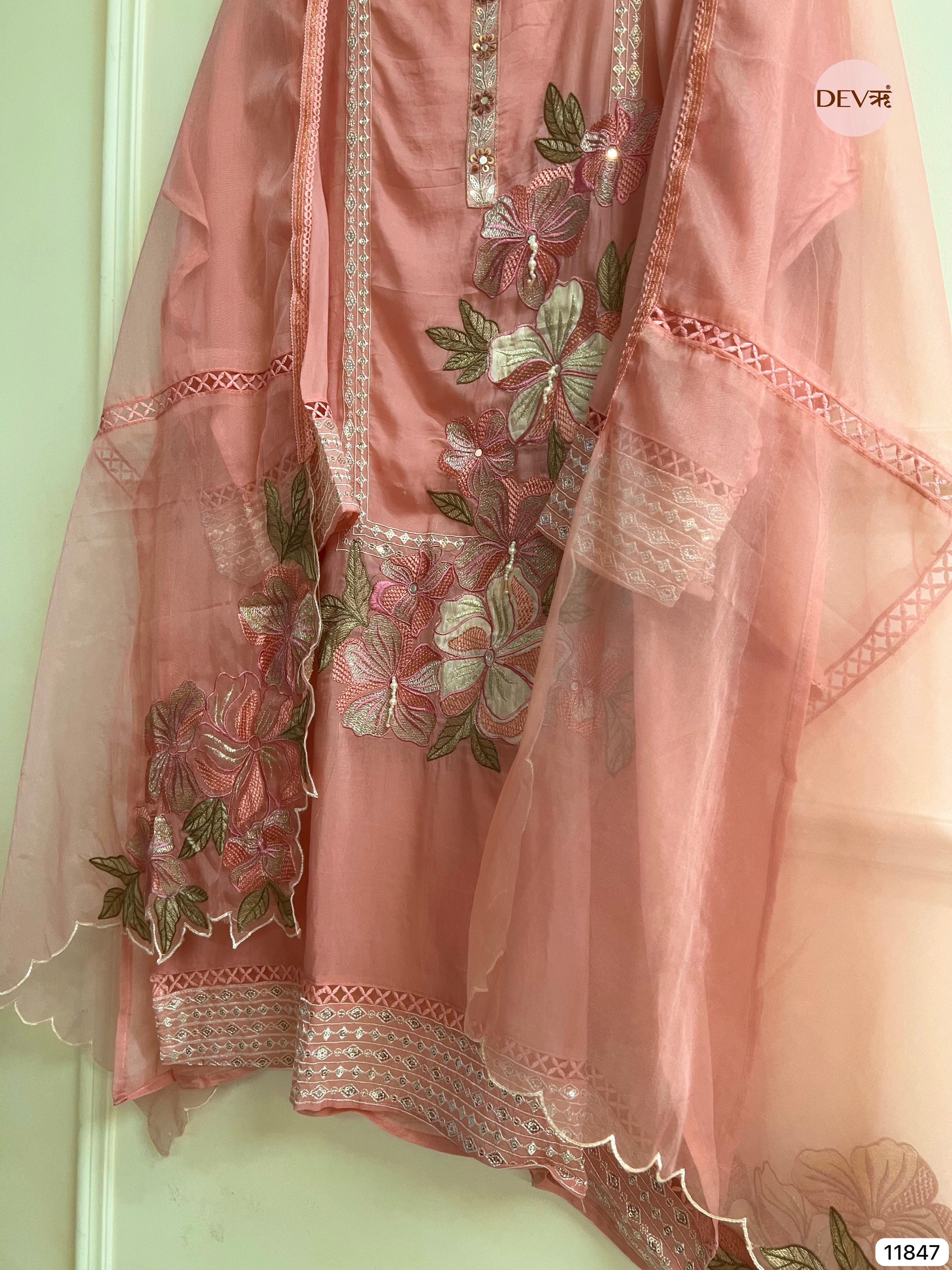 Light Pink Organza Semi Stitched Embroidered -Set Of 3- {11847}