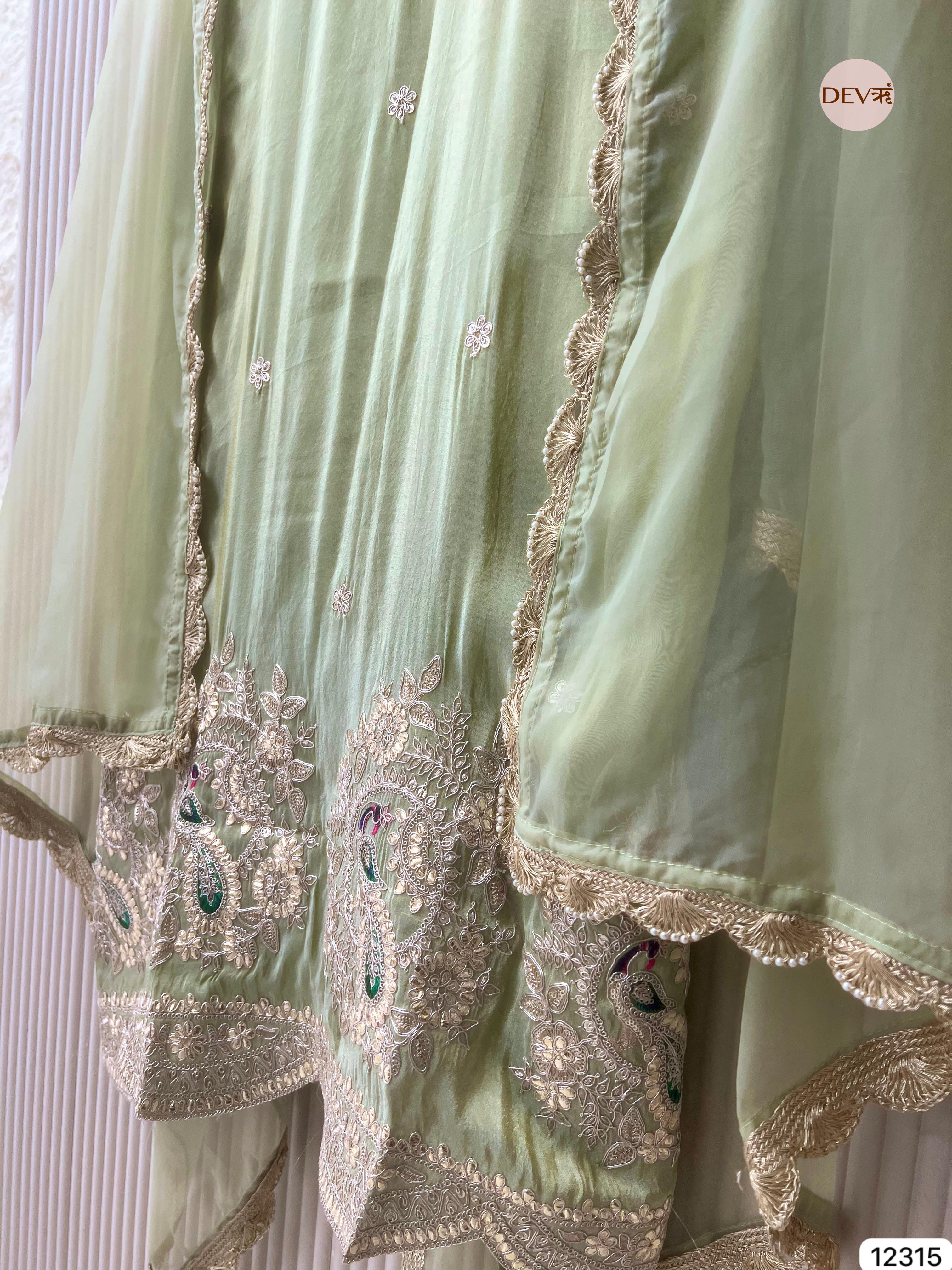 Pistachio Green Shimmer Silk Embroidered Unstitched 3-Piece Suit (Devri – D.No 12315)