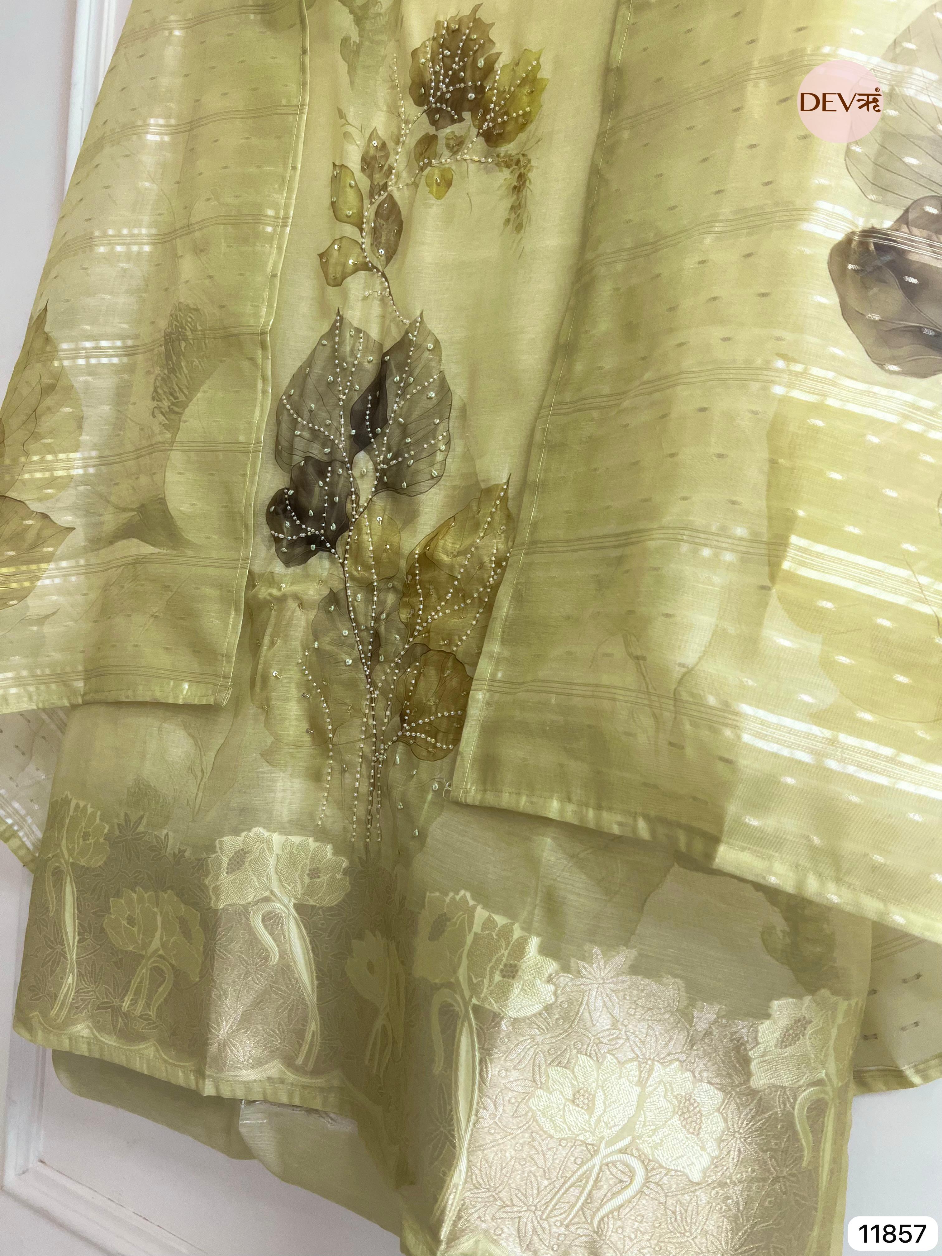 Green Jamdani Silk Unstitched Printed Woven Hand Embroidered -Set Of 3 - {11857}