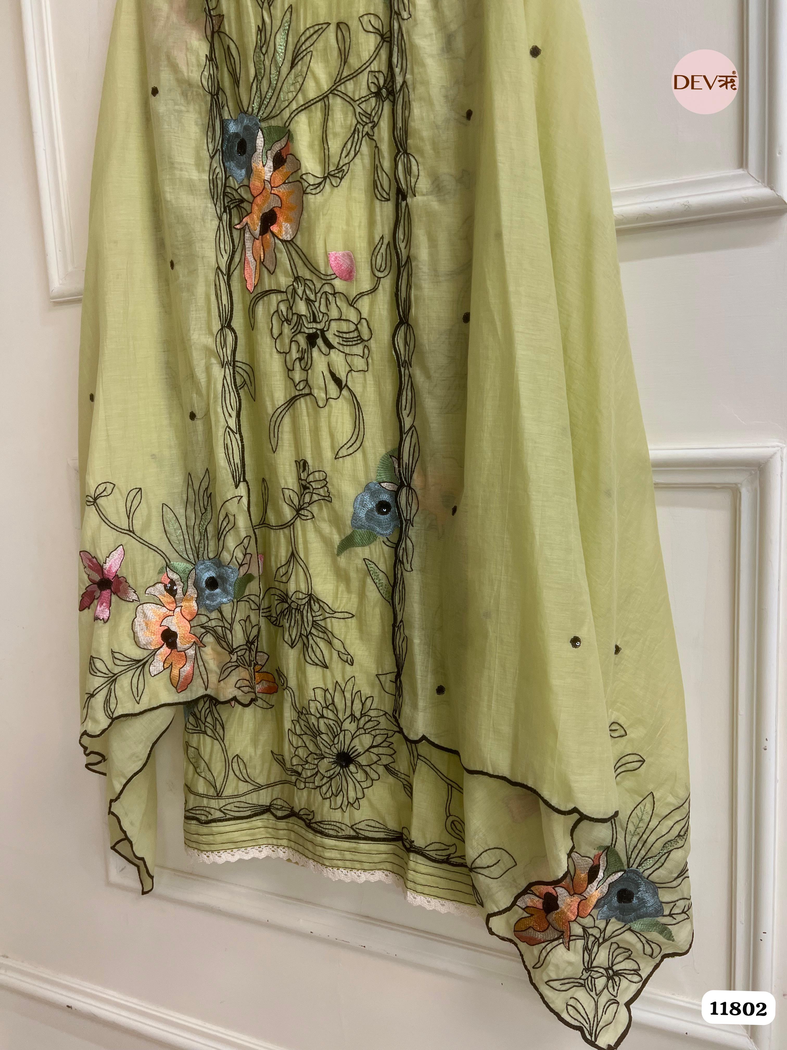 Green Mul Chanderi Unstitched Embroidered -Set Of 3 {11802}