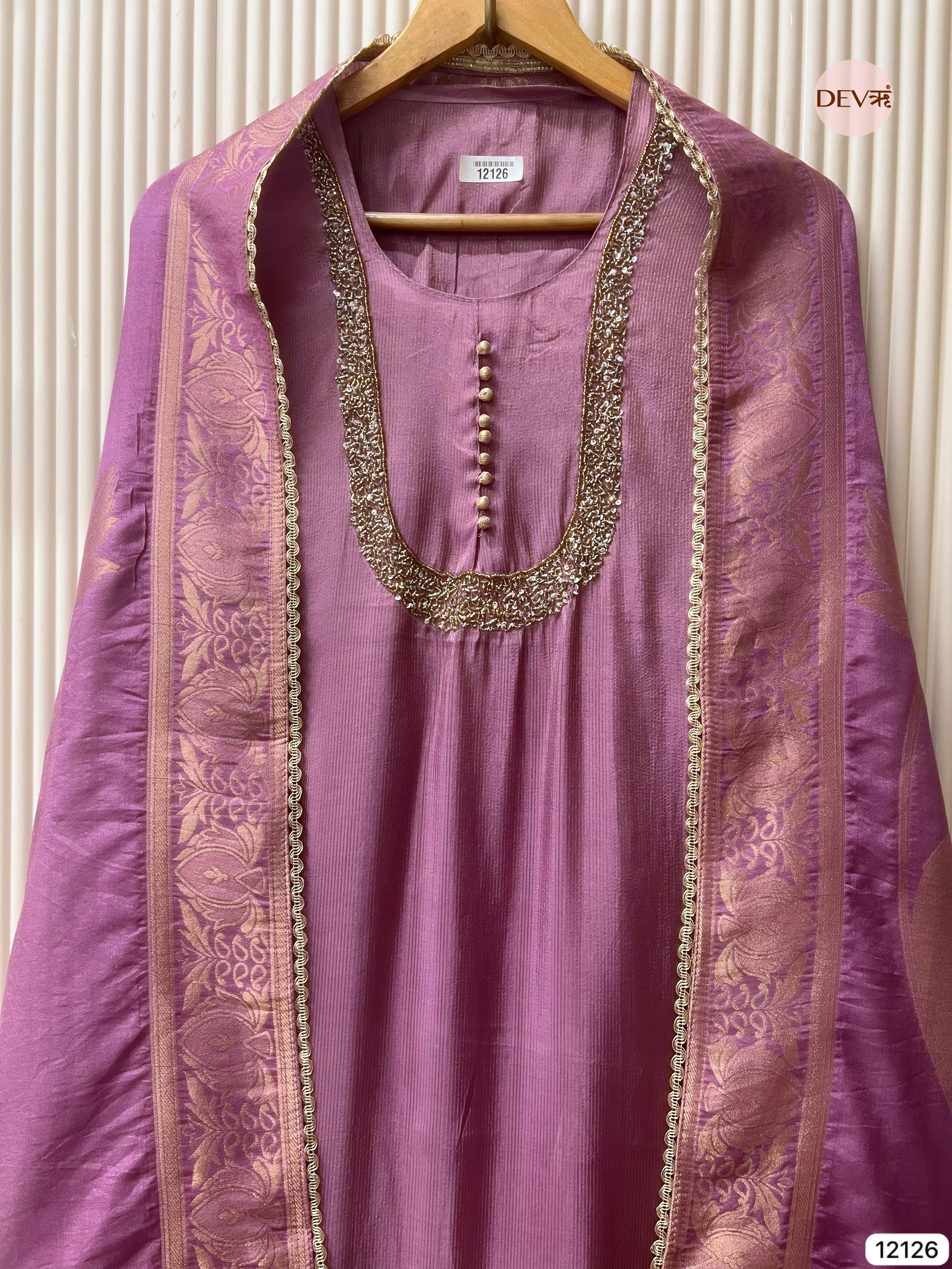 Purple Shimmer Silk Unstitched Hand Embroidered -Set Of 3 - {12126}