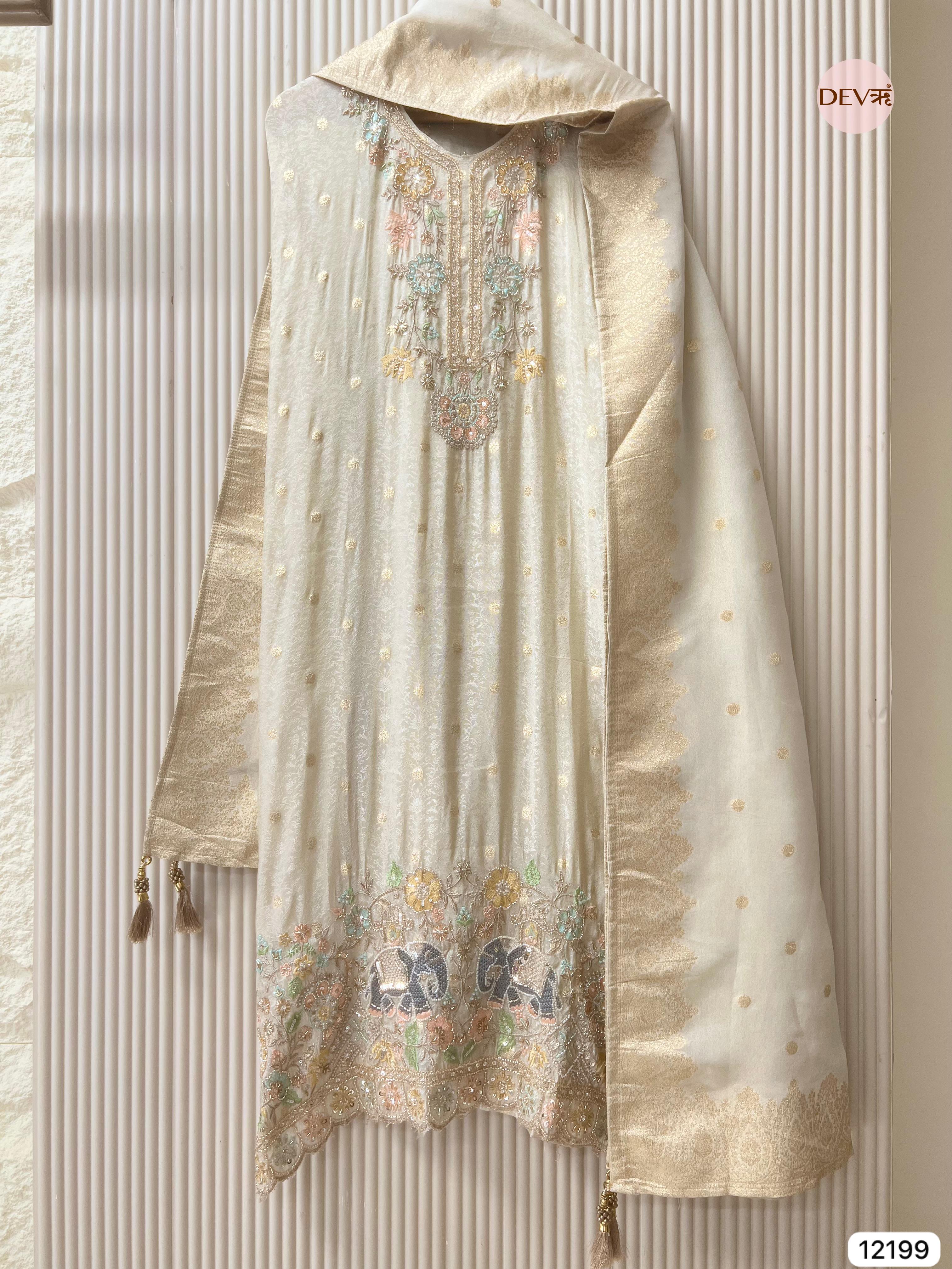 Creamy Silk Unstitched Banarasi Woven Hand Embroidered -Set Of 3 - {12199}