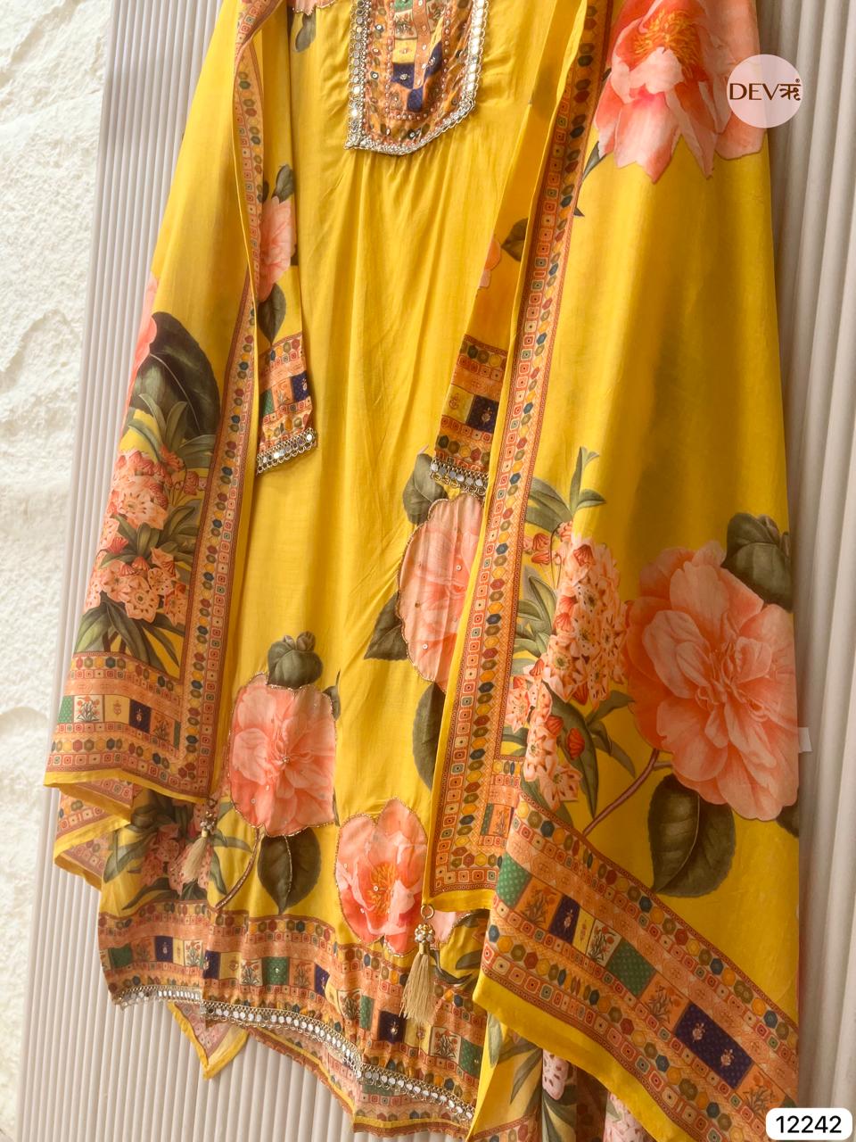 Yellow Pure Muslin Printed Unstitched 3-Piece Suit (Devri – D.No 12242)