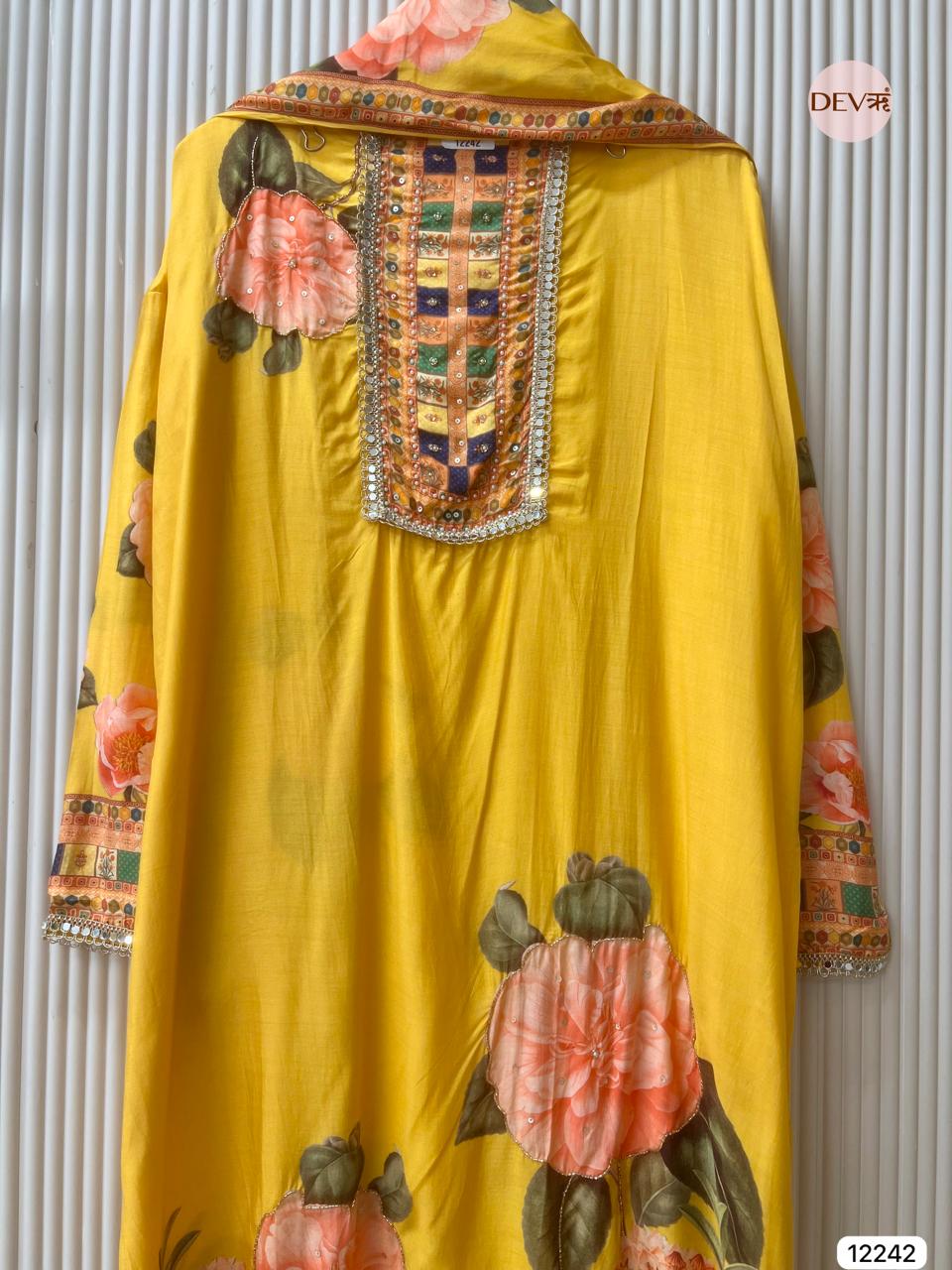 Yellow Pure Muslin Printed Unstitched 3-Piece Suit (Devri – D.No 12242)