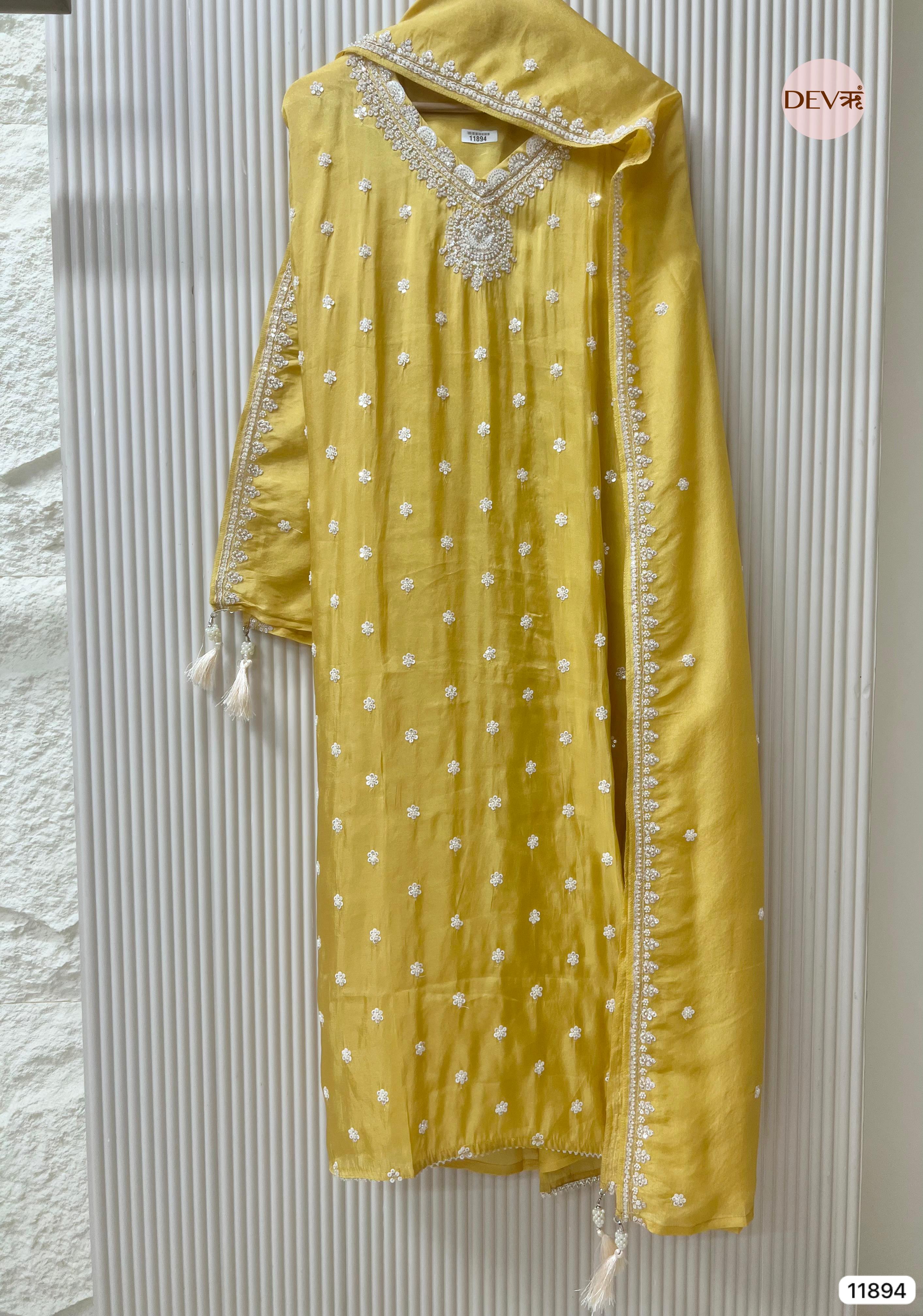 Yellow Shimmer Tissue Silk Unstitched Embroidered -Set Of 3- {11894}
