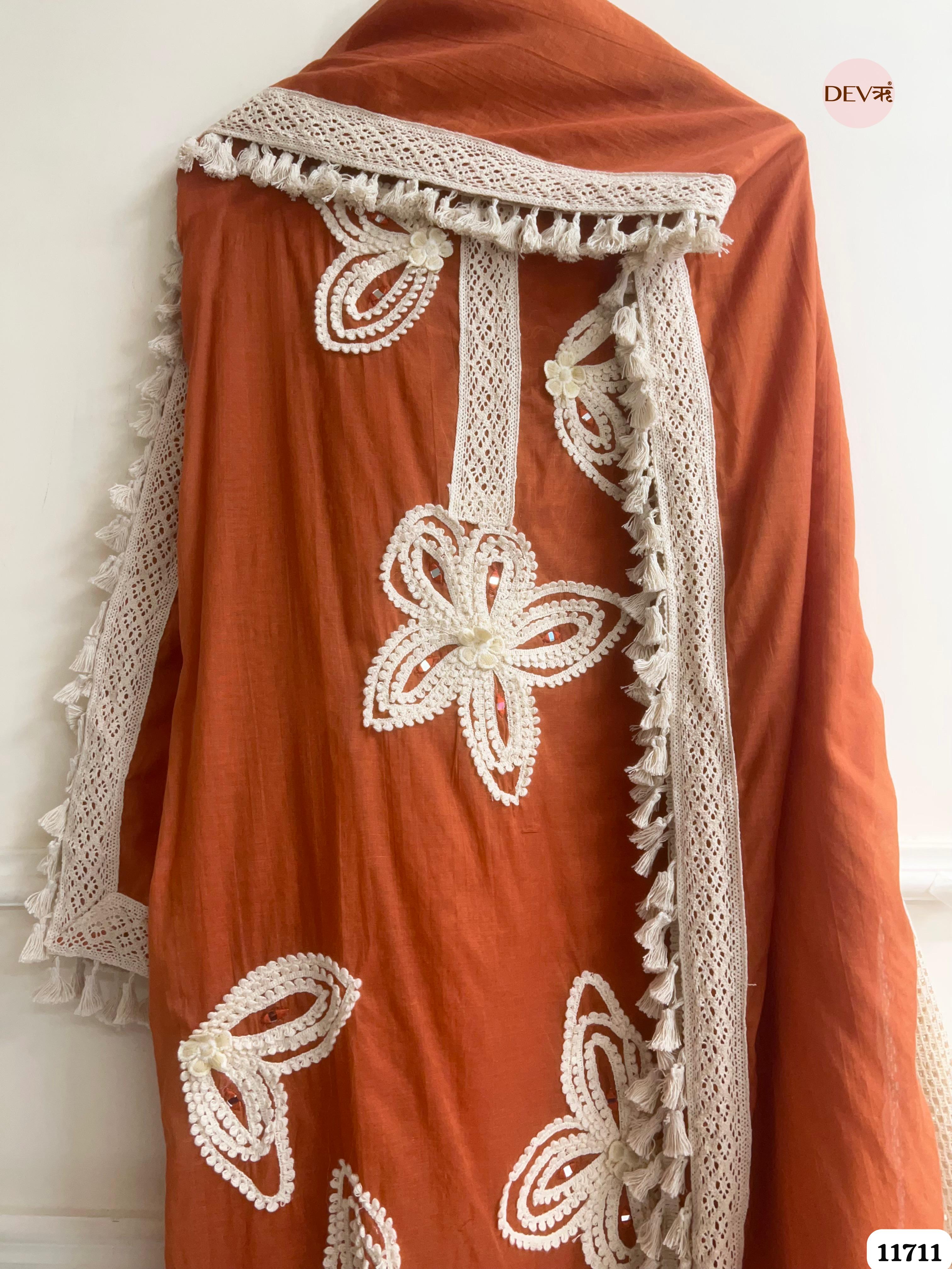 Rust Mul Chanderi Unstitched Hand Embroidered -Set Of 3 {11711}