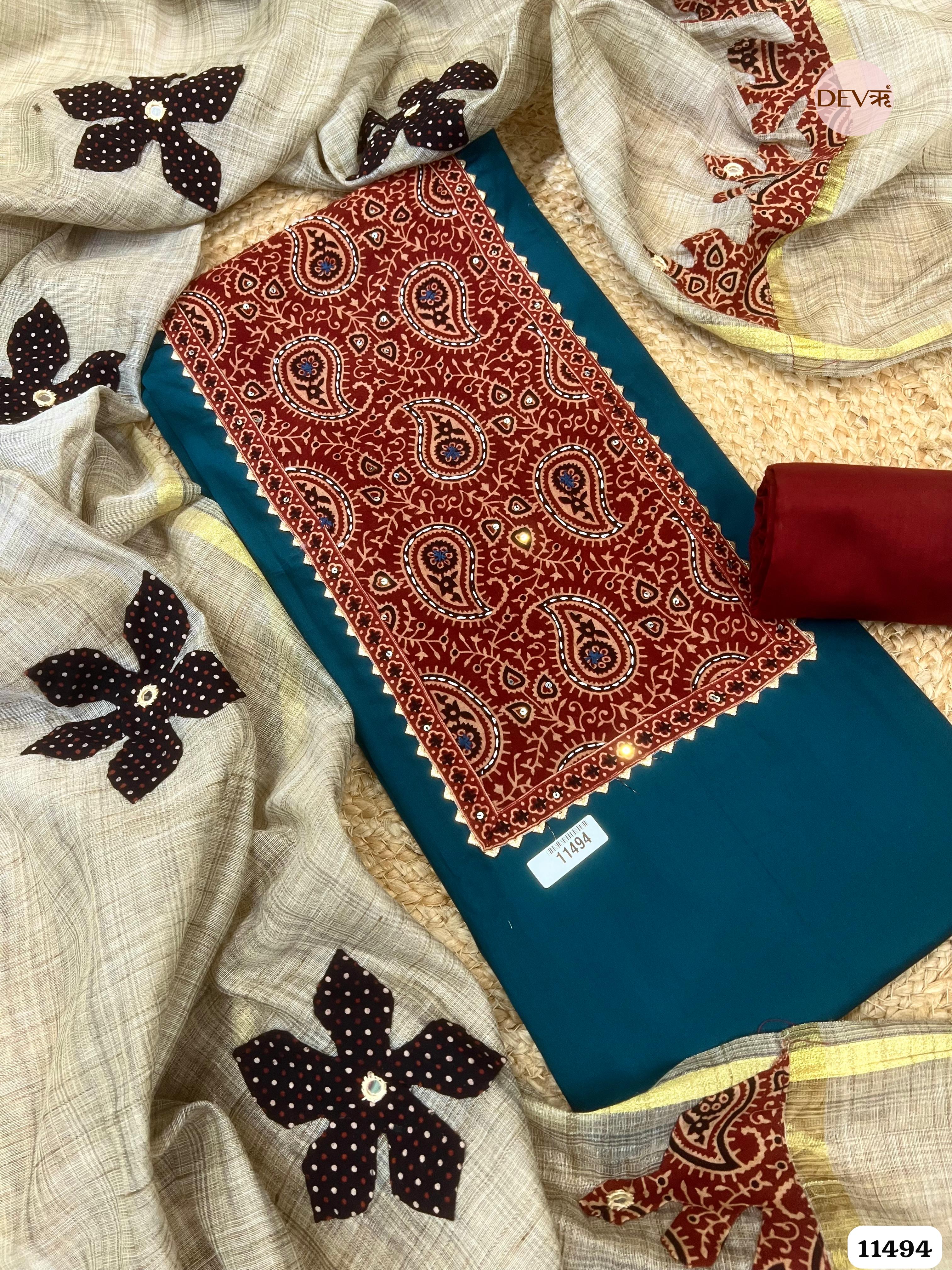 Deep Blue Cotton Jaam Unstitched Printed Hand Embroidered -Set Of 3 {11494}
