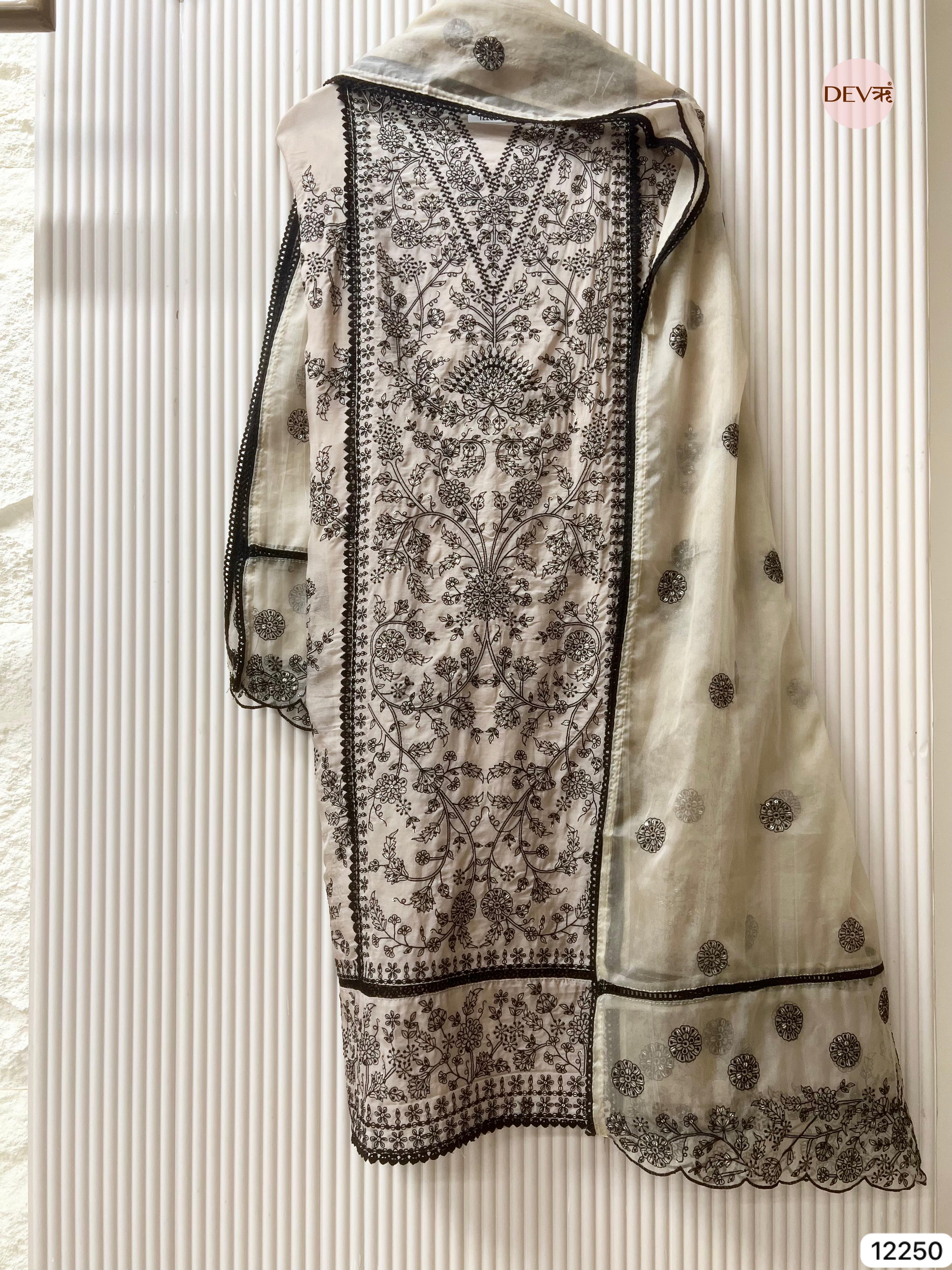 Ivory Pure Organza Embroidered Unstitched 3-Piece Suit (Devri – D.No 12250)