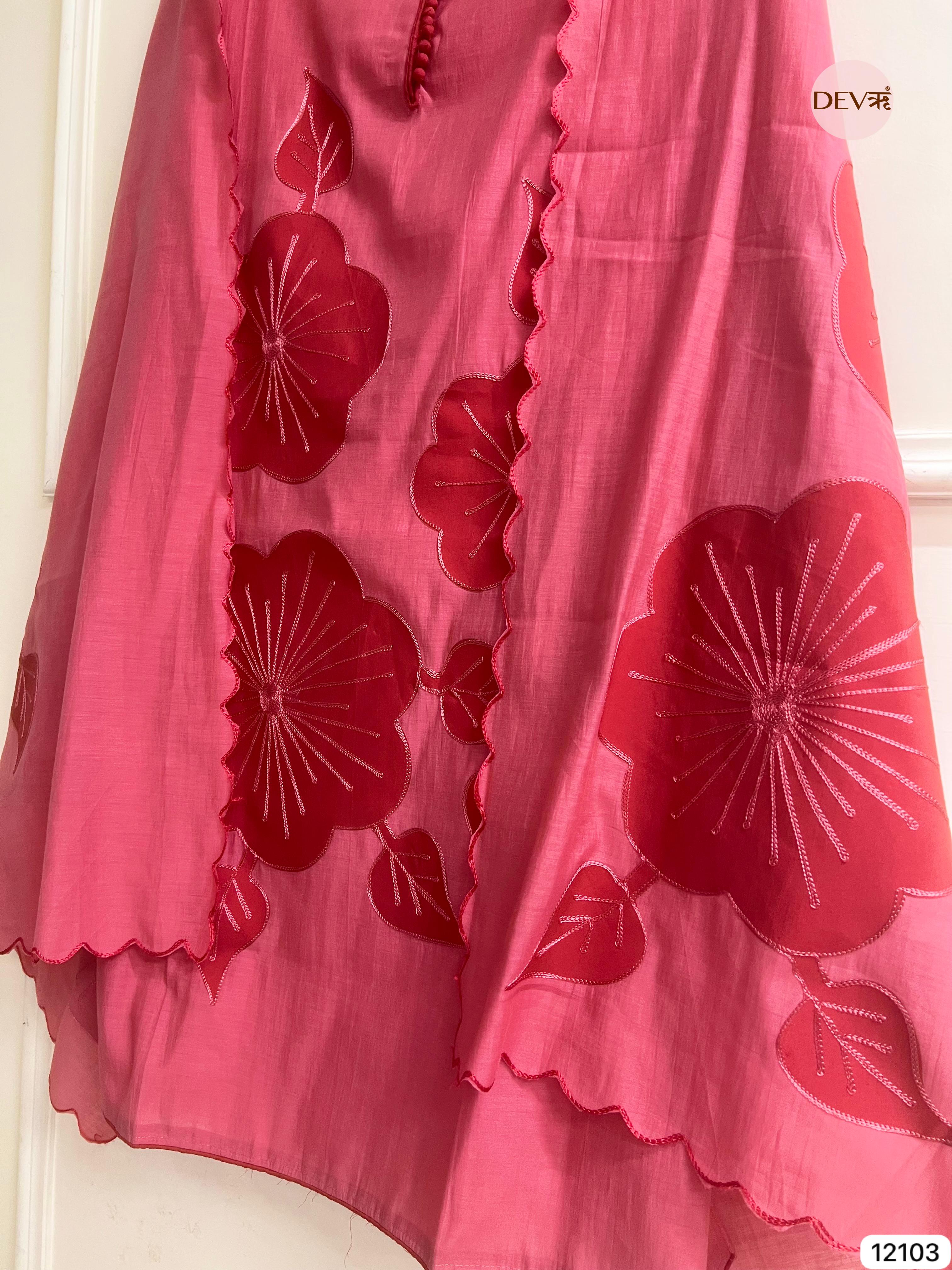 Pink Modal Silk Unstitched Applique Embroidered -Set Of 3 - {12103}