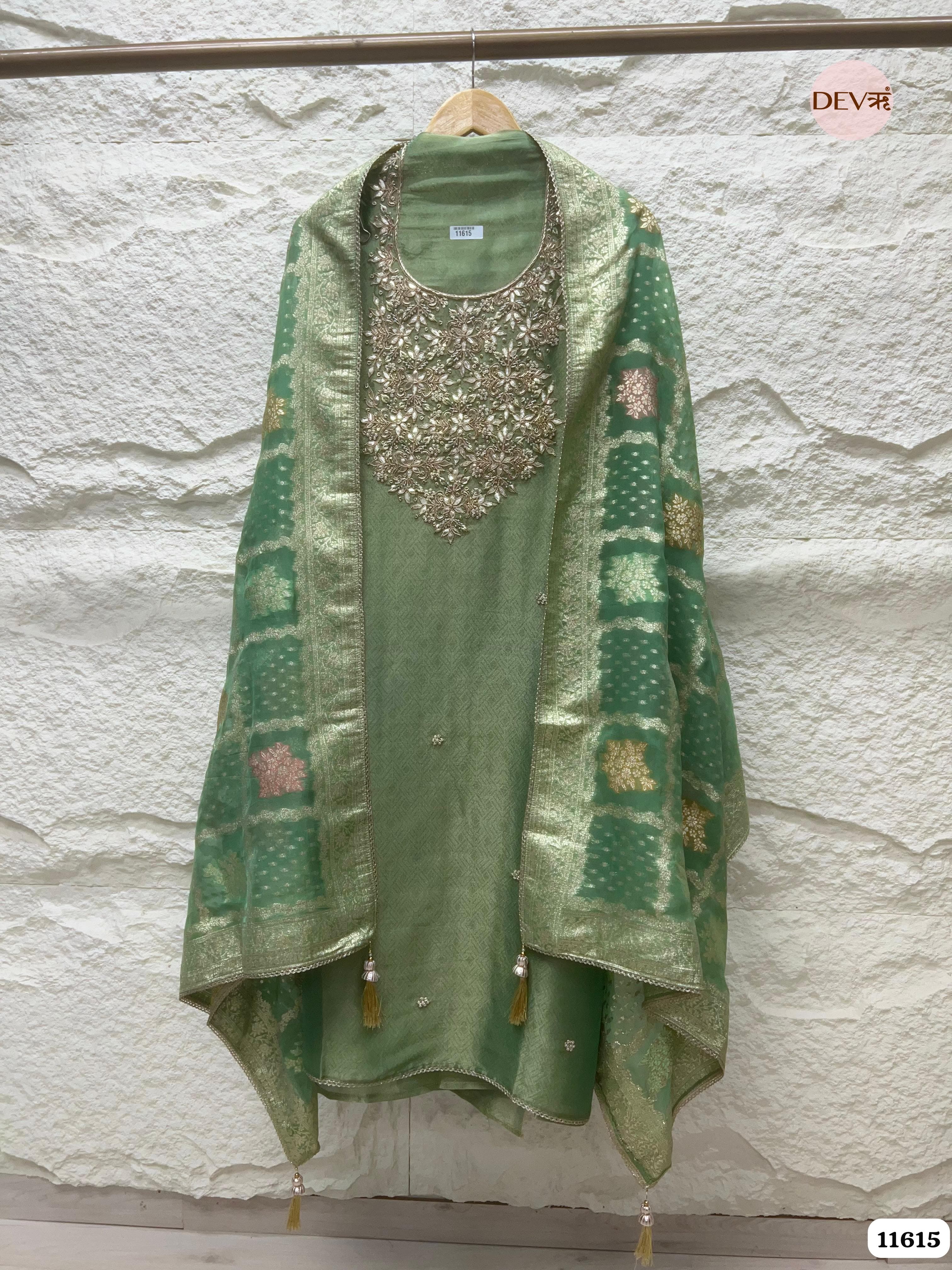 Green Pure Tissue Silk Unstitched Hand Embroidered -Set Of 3 {11615}
