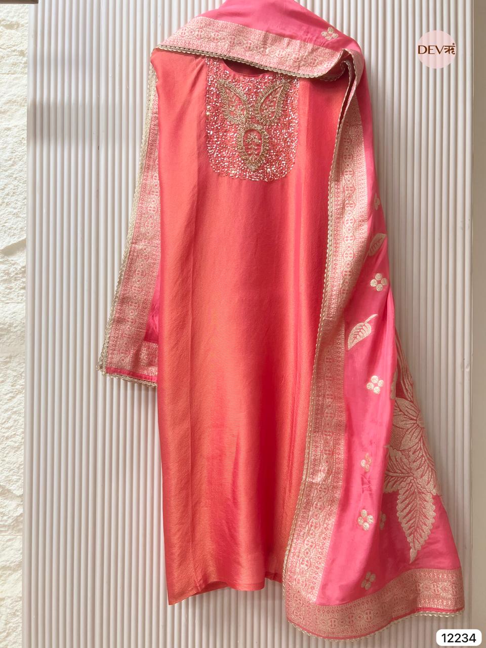 Coral Tissue Shimmer Silk Embroidered Unstitched 3-Piece Suit (Devri – D.No 12234)