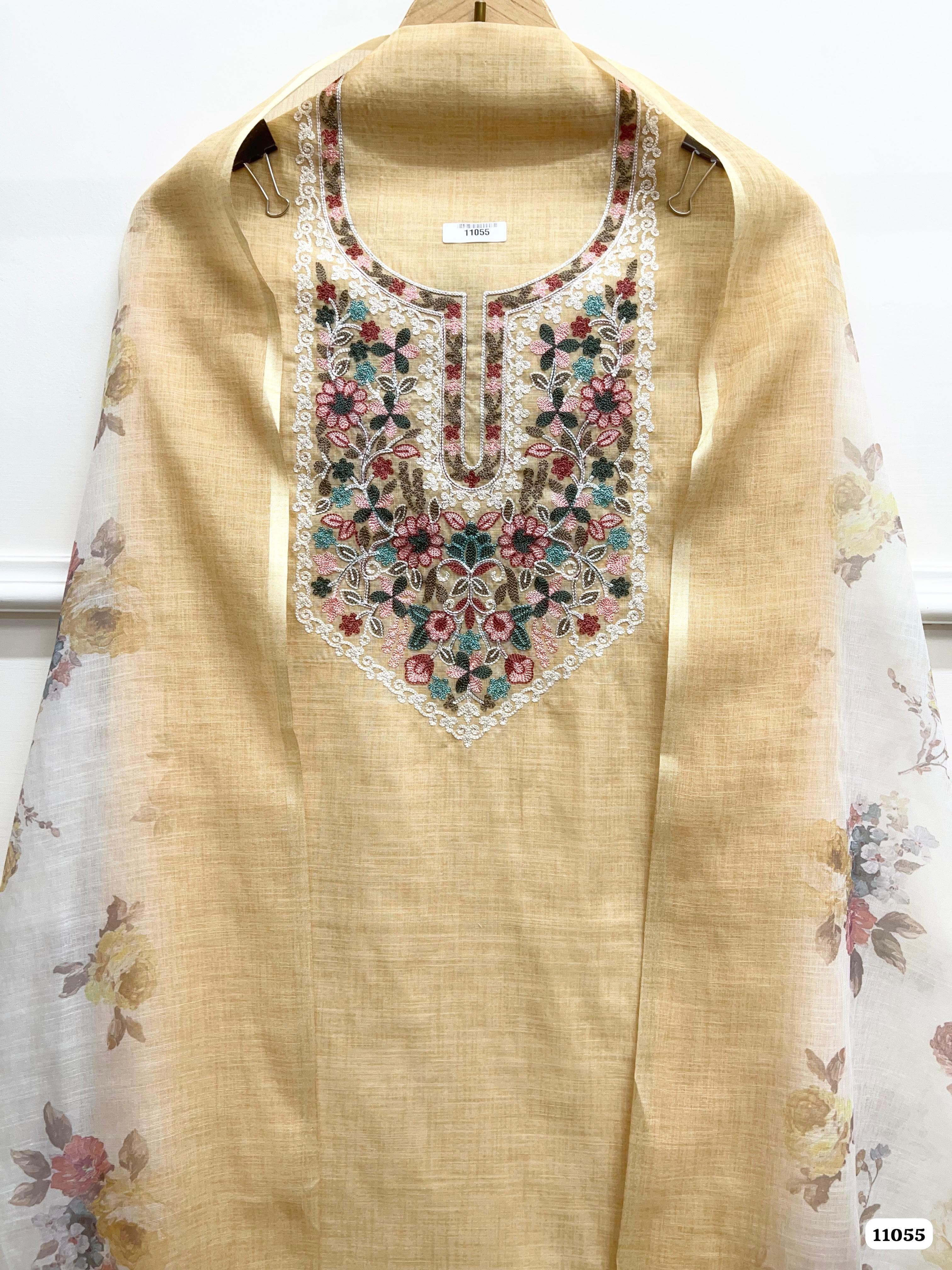 Cream Khadi Cotton Unstitched Embroidered -Set Of 3 {11055}